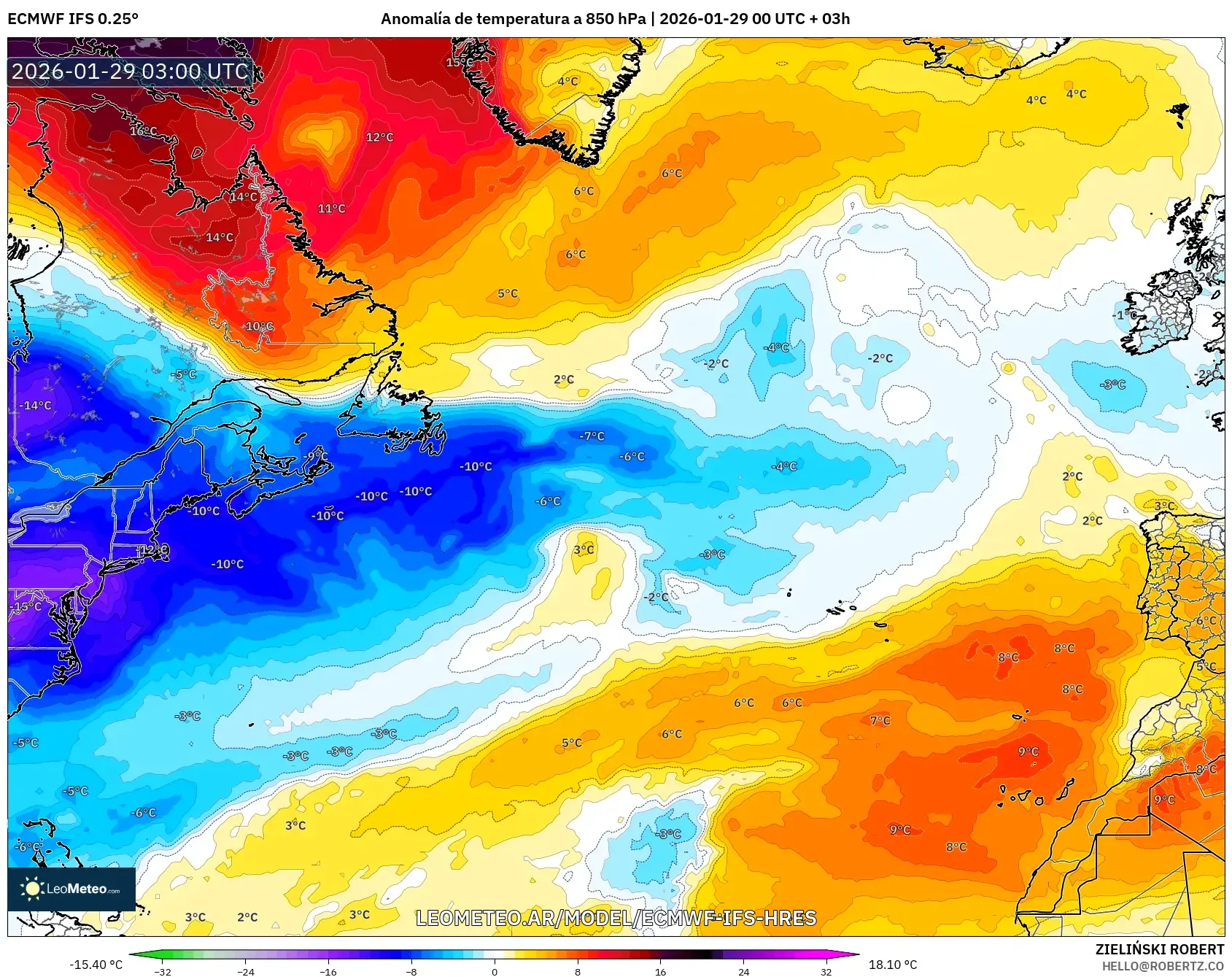 ECMWF IFS 0,25° model - Atlântico Norte, Anomalia de temperatura a 850 hPa