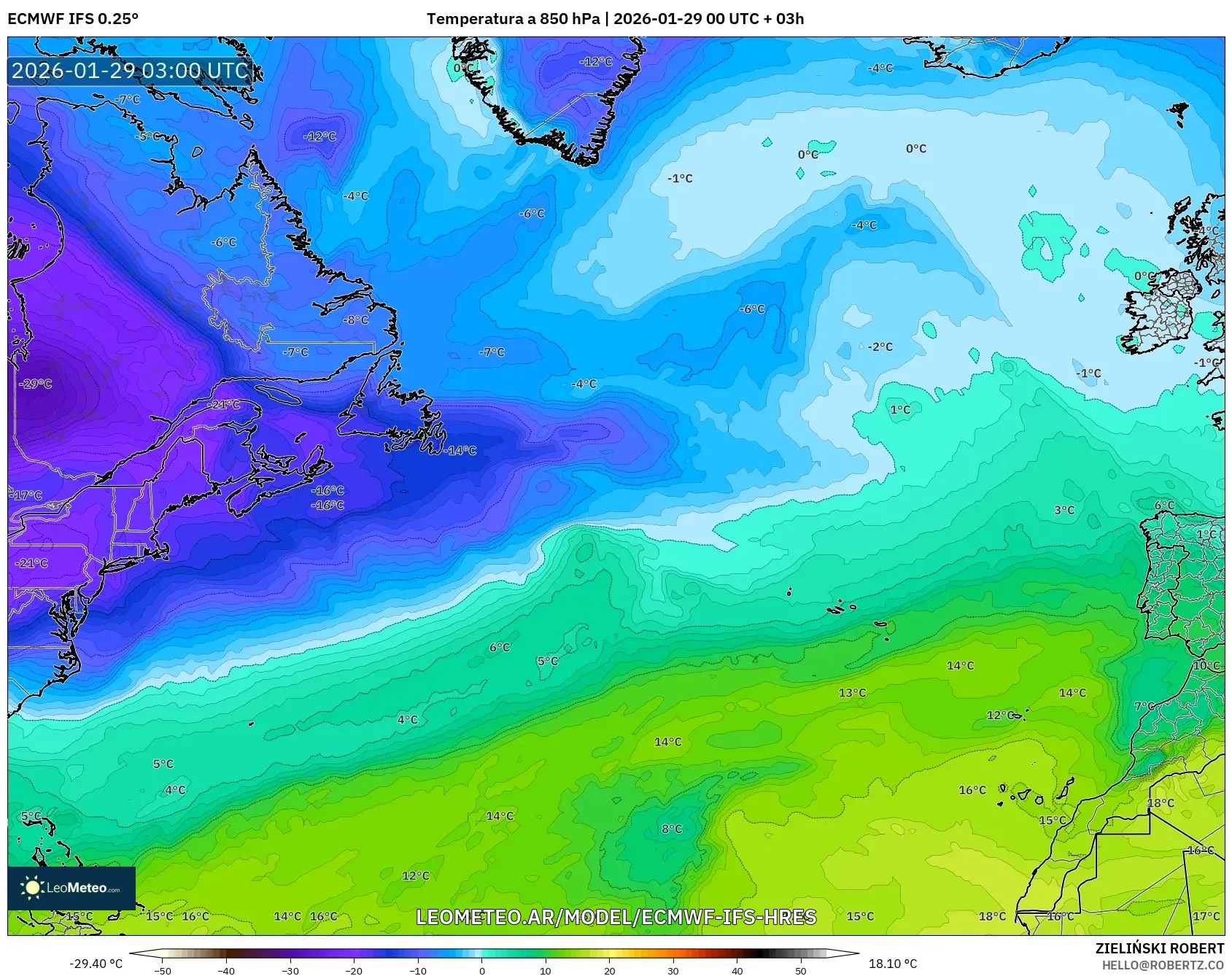 ECMWF IFS 0,25° model - Atlântico Norte, Temperatura a 850 hPa
