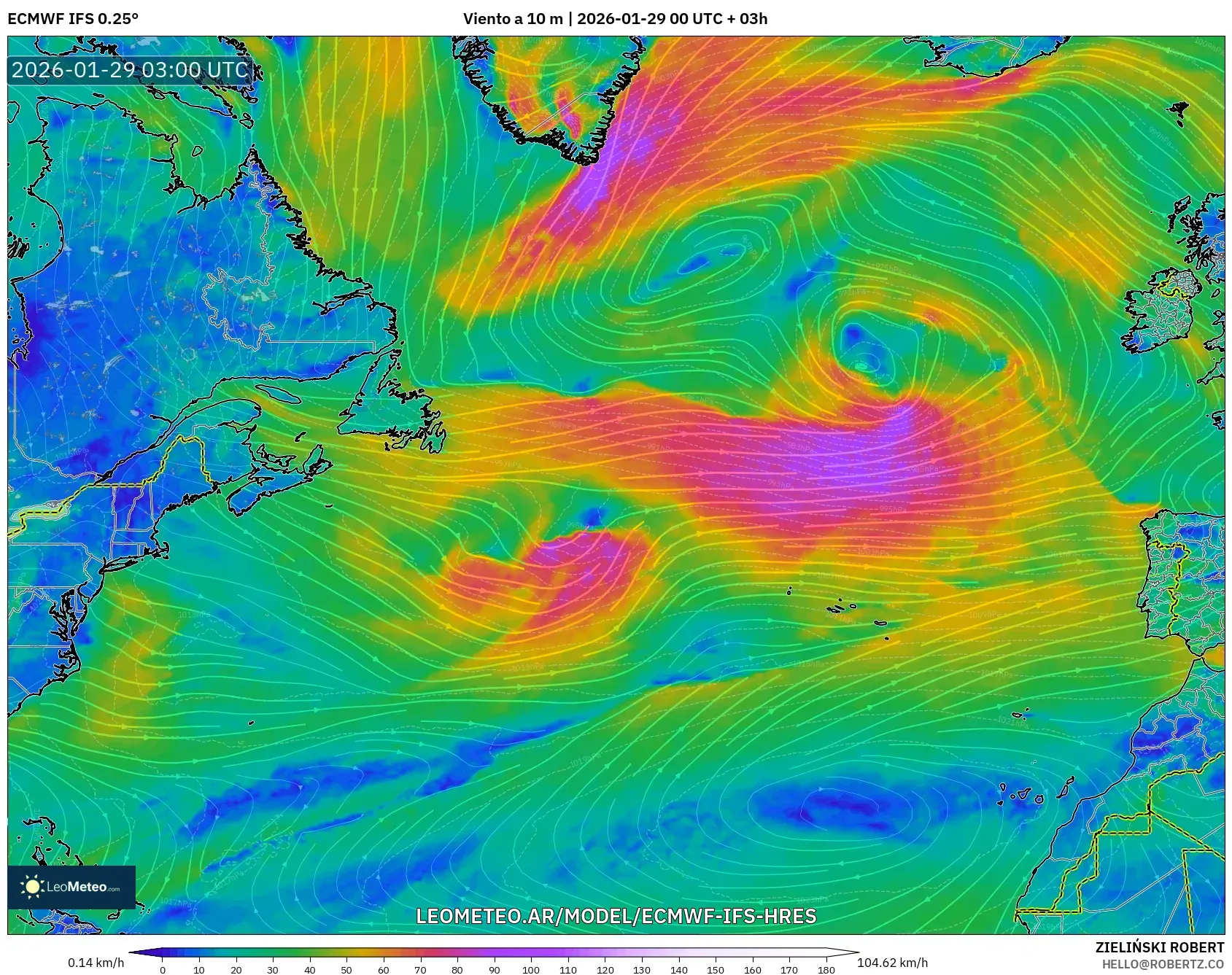 ECMWF IFS 0,25° model - Atlântico Norte, Vento a 10 m