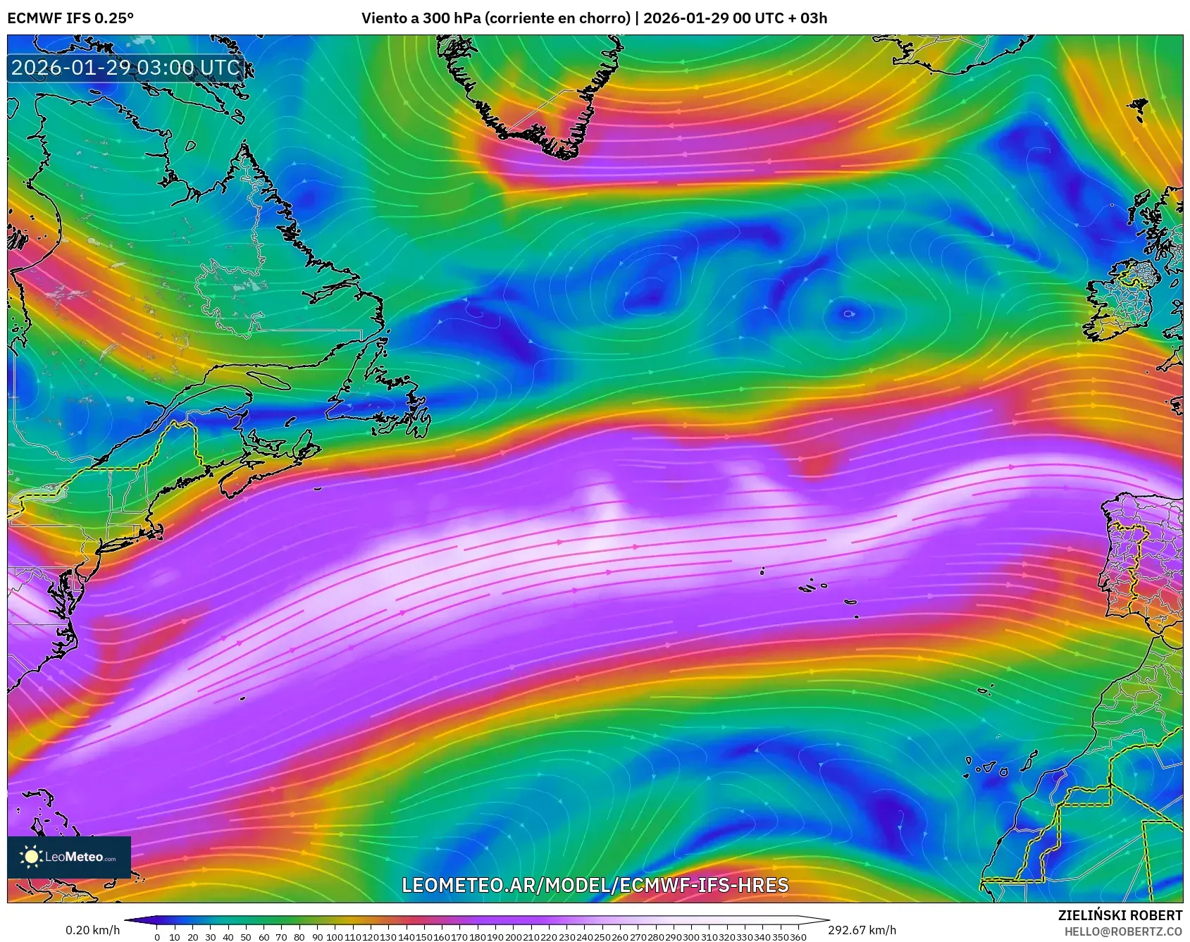 ECMWF IFS 0,25° model - Atlântico Norte, Vento a 300 hPa (corrente em jato)