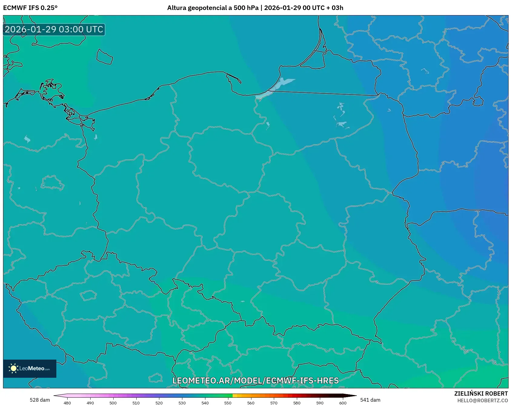 ECMWF IFS 0,25° model - Polônia, Altura geopotencial a 500 hPa