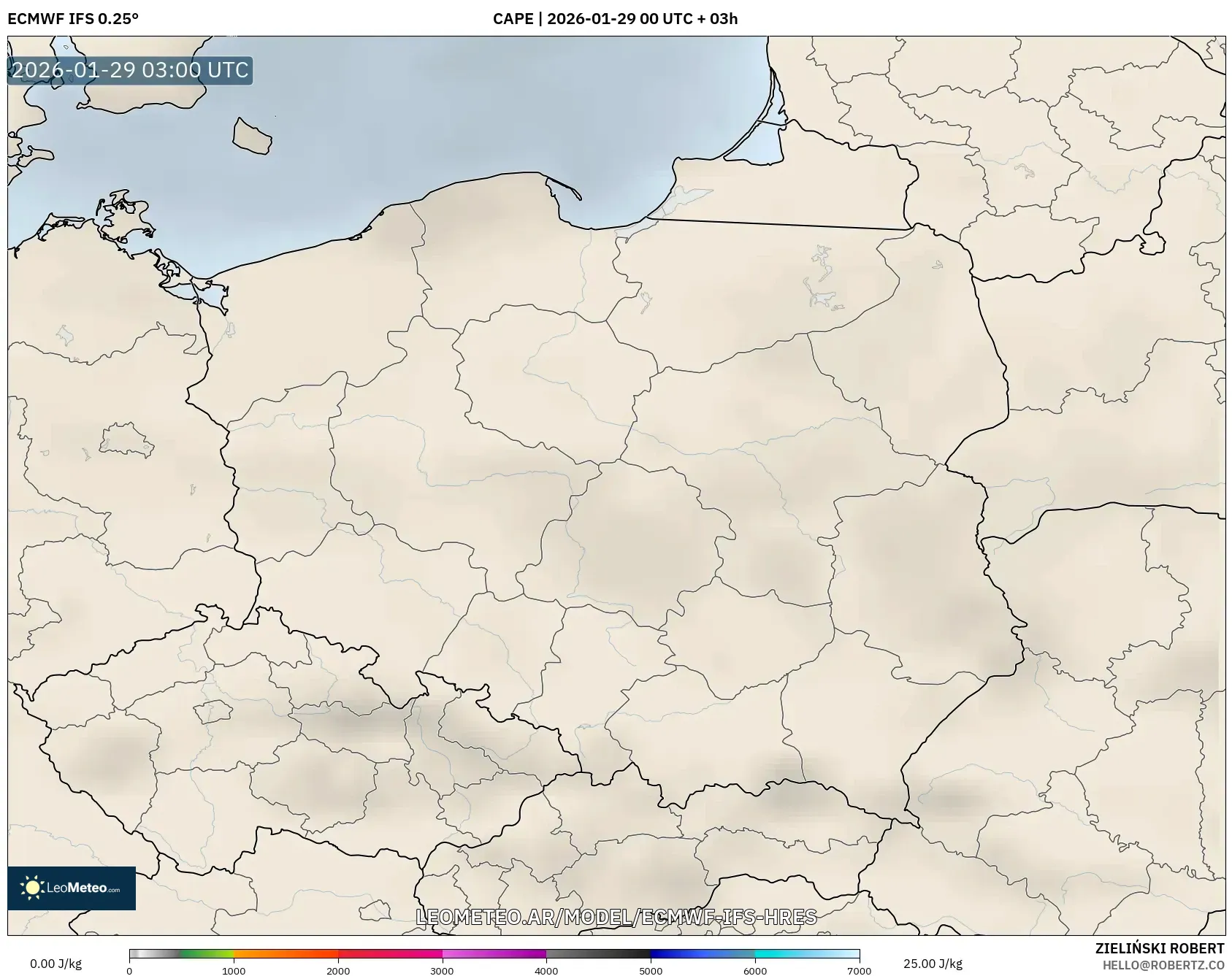ECMWF IFS 0,25° model - Polônia, CAPE