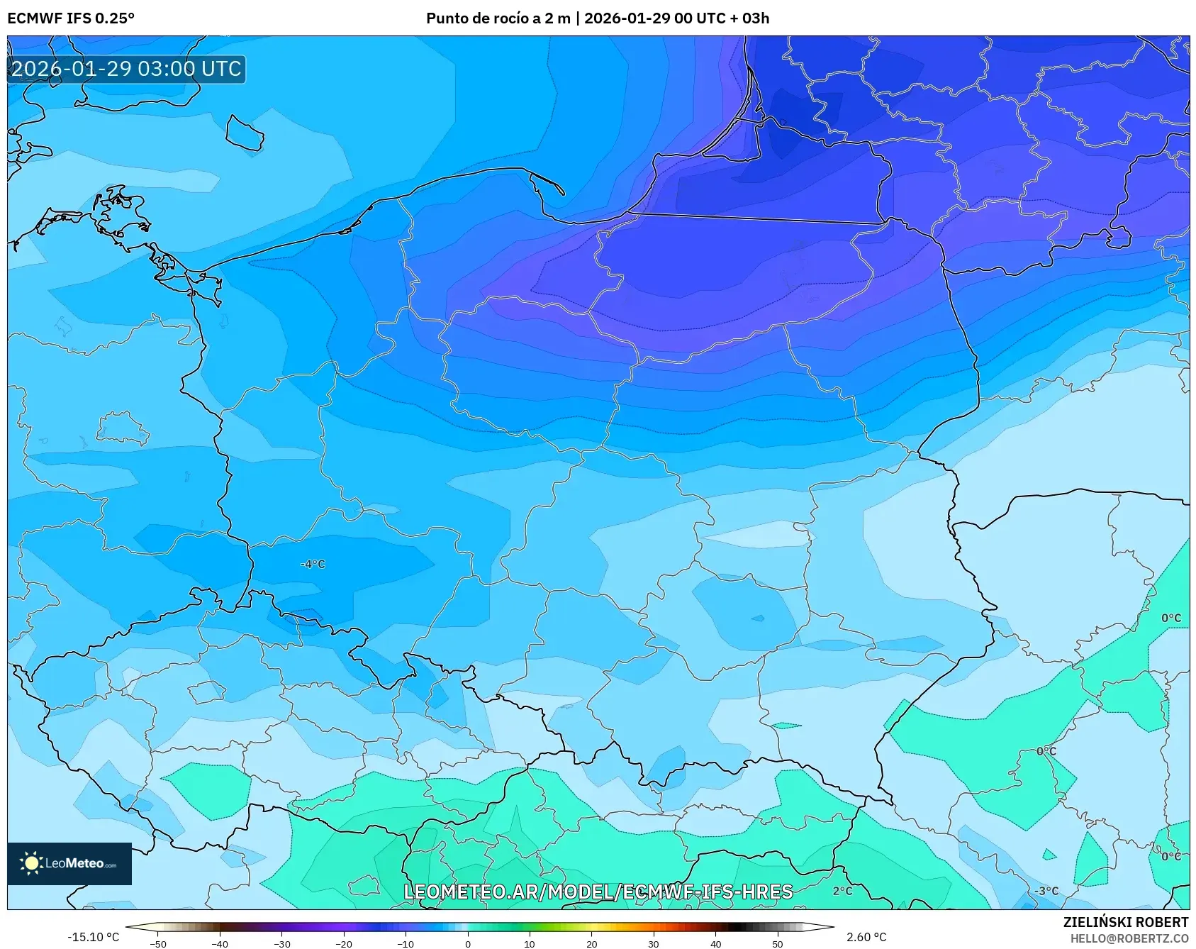 ECMWF IFS 0,25° model - Polônia, Ponto de orvalho a 2 m