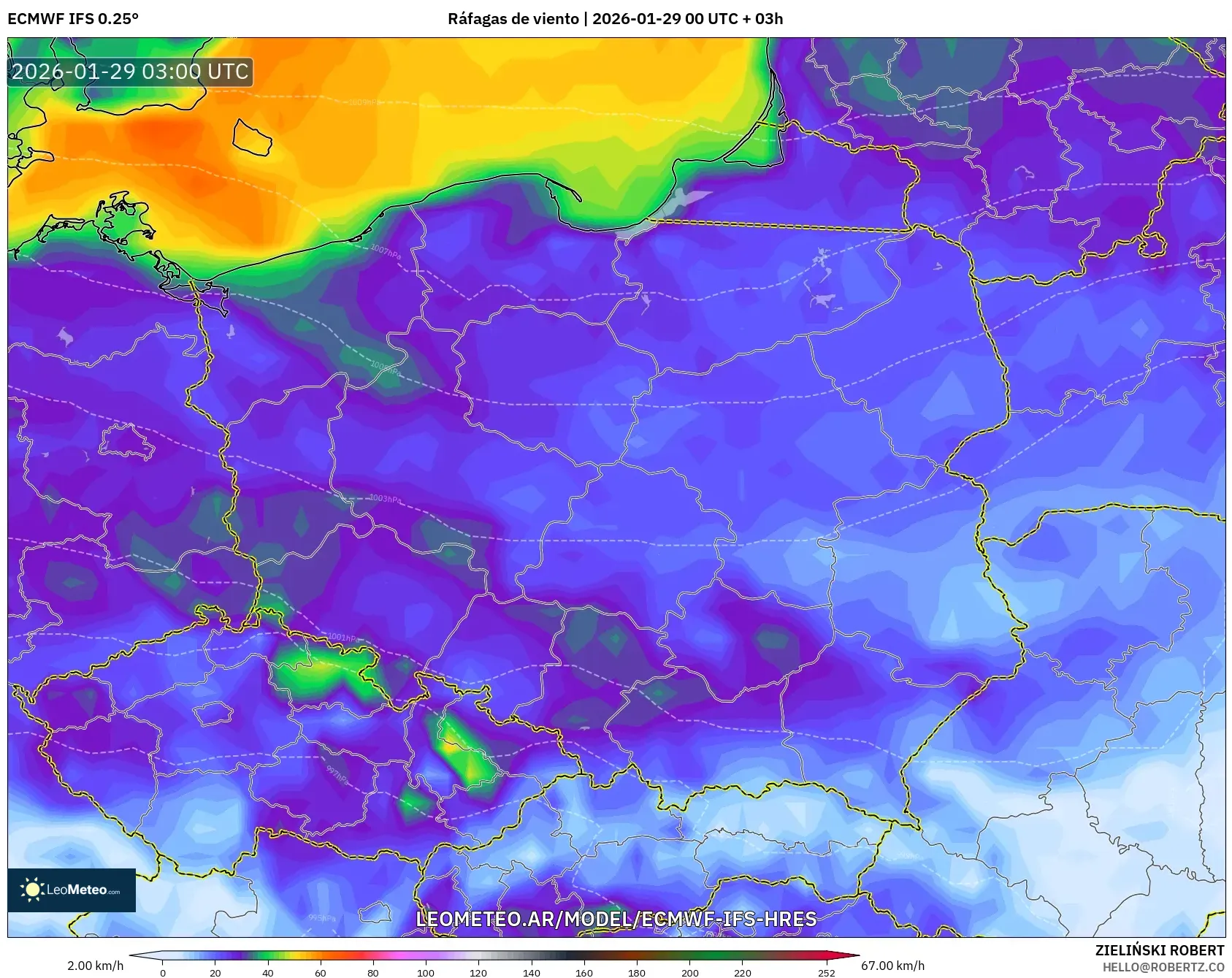 ECMWF IFS 0,25° model - Polônia, Rajadas de vento