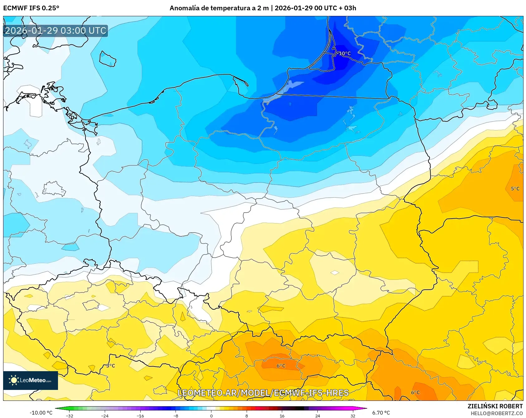ECMWF IFS 0,25° model - Polônia, Anomalia de temperatura a 2 m