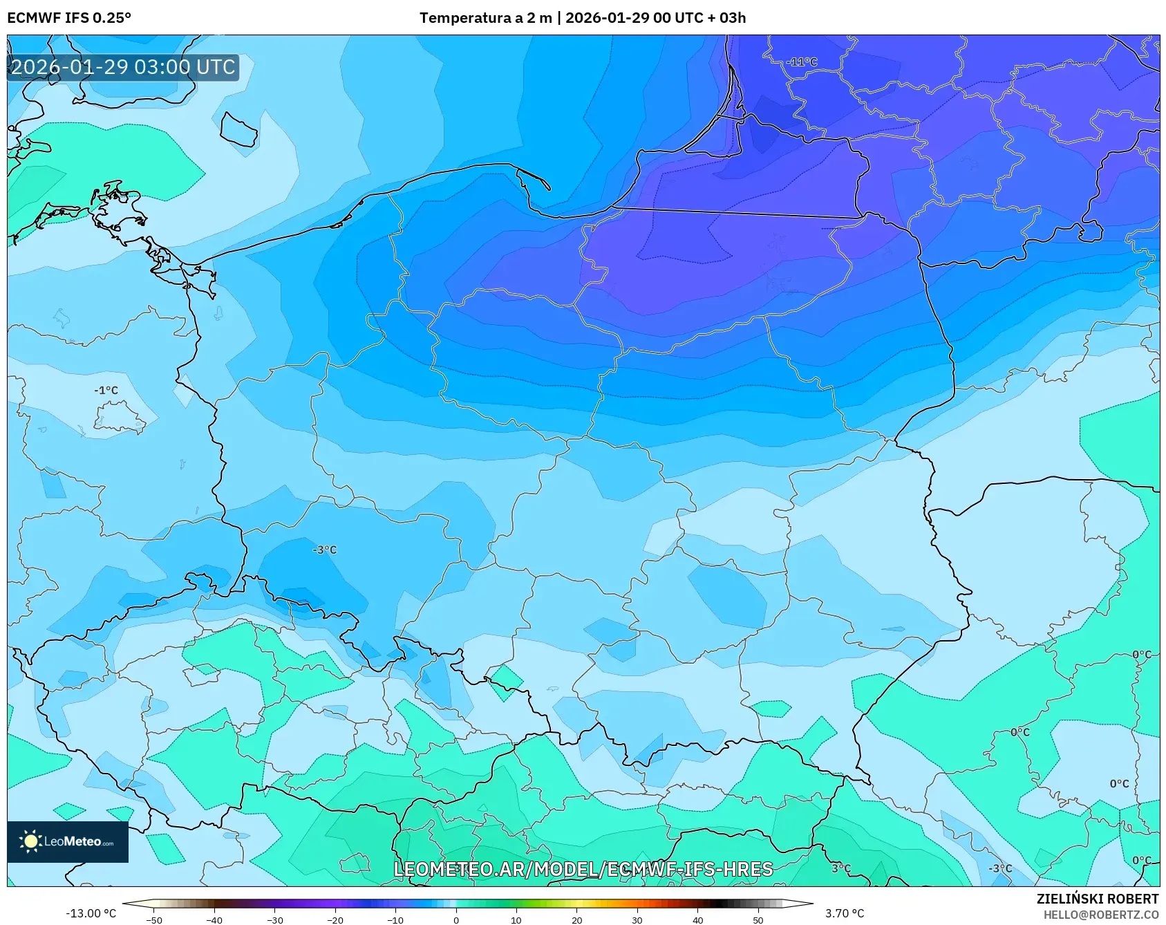 ECMWF IFS 0,25° model - Polônia, Temperatura a 2 m