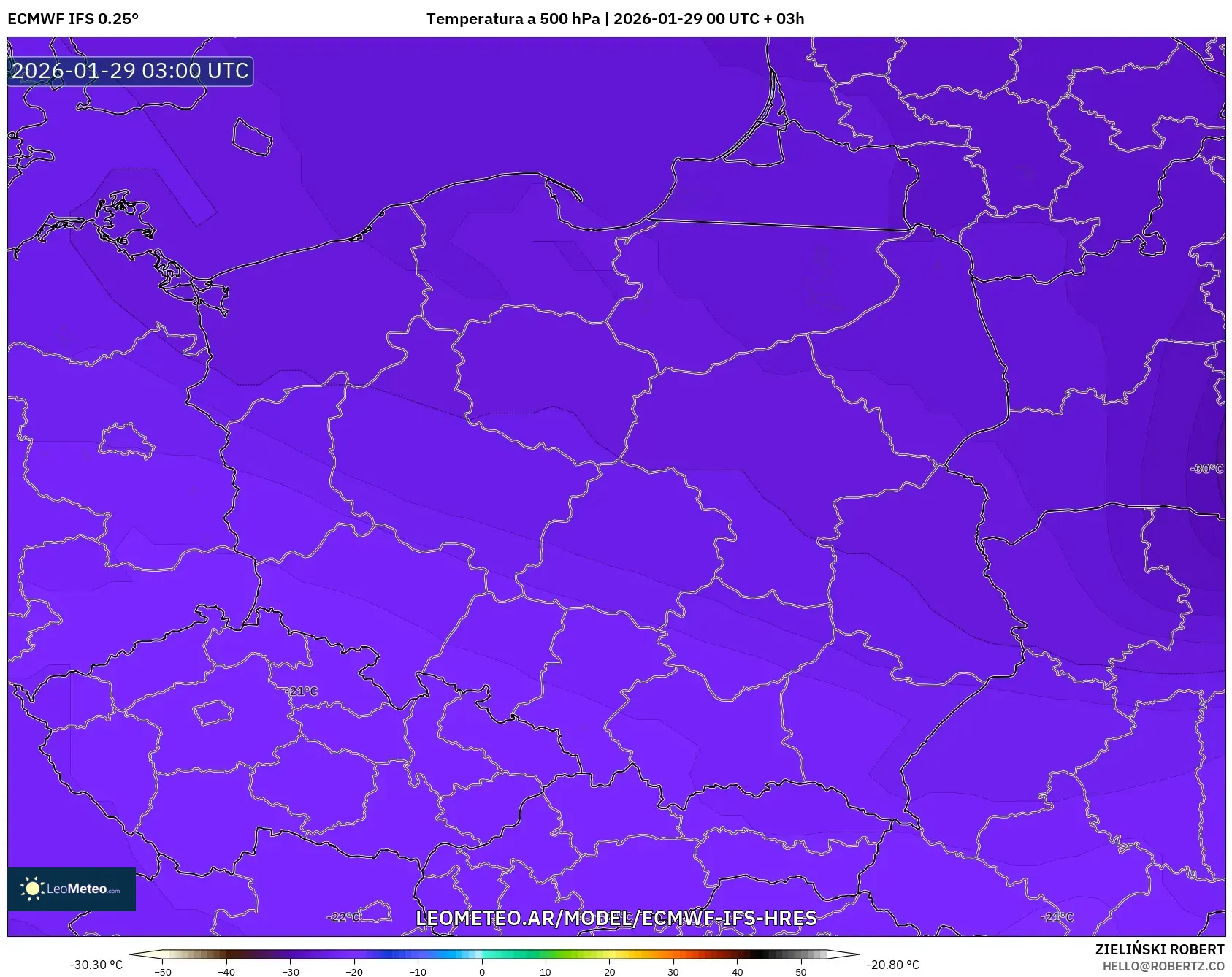 ECMWF IFS 0,25° model - Polônia, Temperatura a 500 hPa