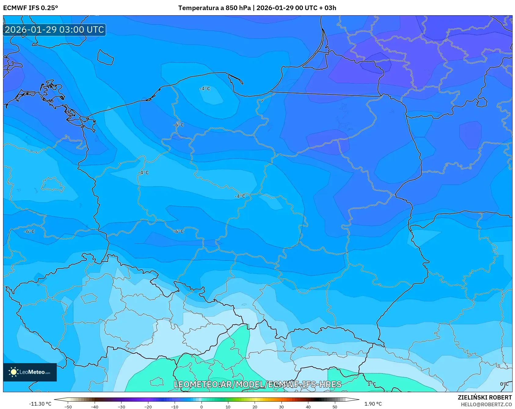 ECMWF IFS 0,25° model - Polônia, Temperatura a 850 hPa