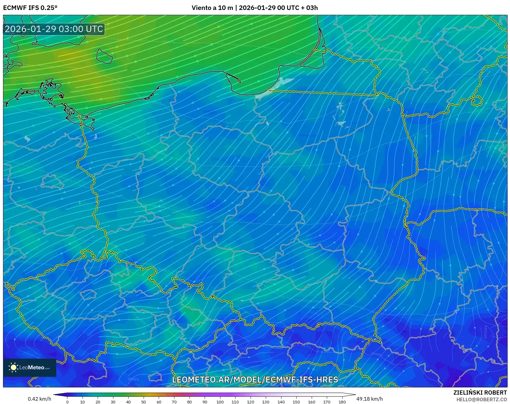 ECMWF IFS 0,25° model - Polônia, Vento a 10 m