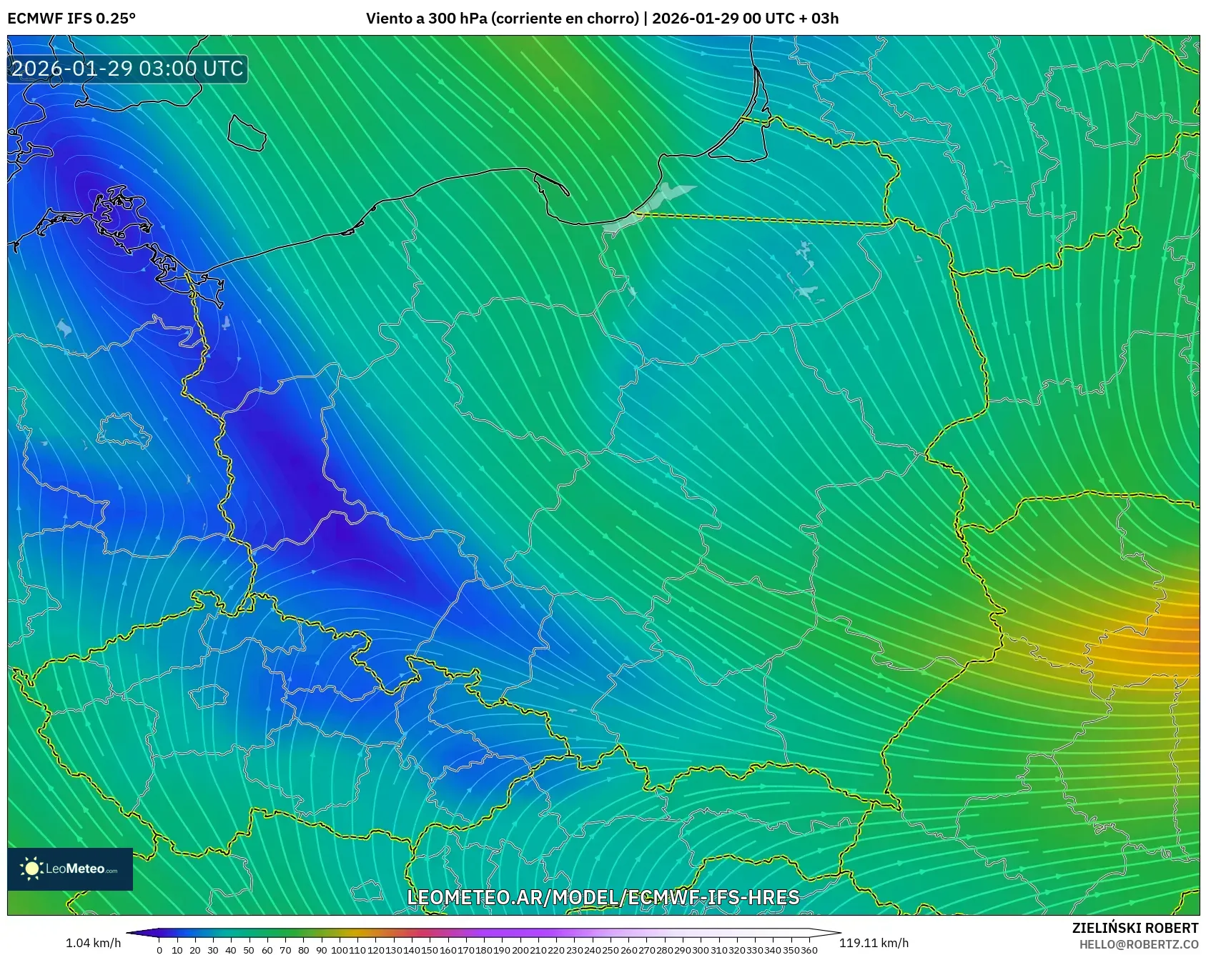 ECMWF IFS 0,25° model - Polônia, Vento a 300 hPa (corrente em jato)
