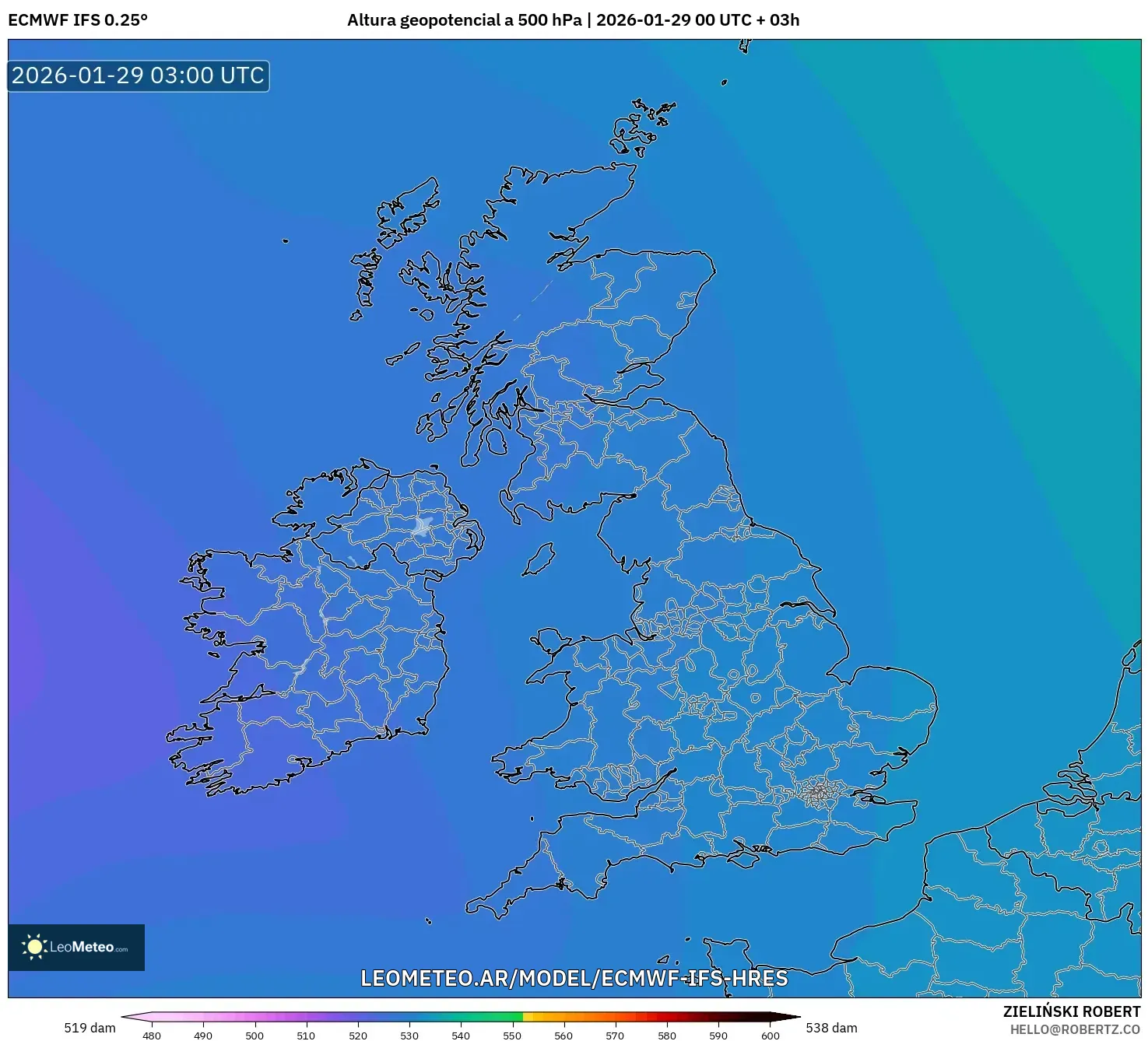 ECMWF IFS 0,25° model - Reino Unido, Altura geopotencial a 500 hPa