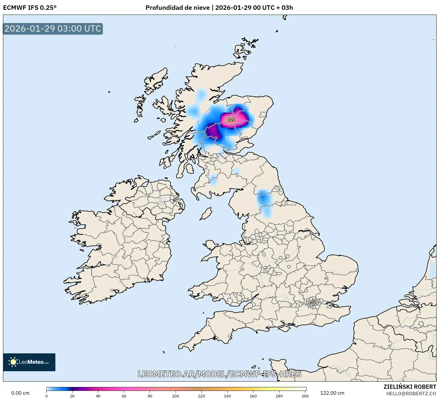 ECMWF IFS 0,25° model - Reino Unido, Profundidade da neve