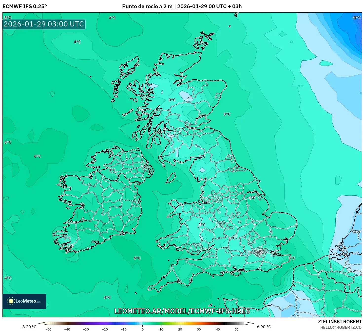ECMWF IFS 0,25° model - Reino Unido, Ponto de orvalho a 2 m