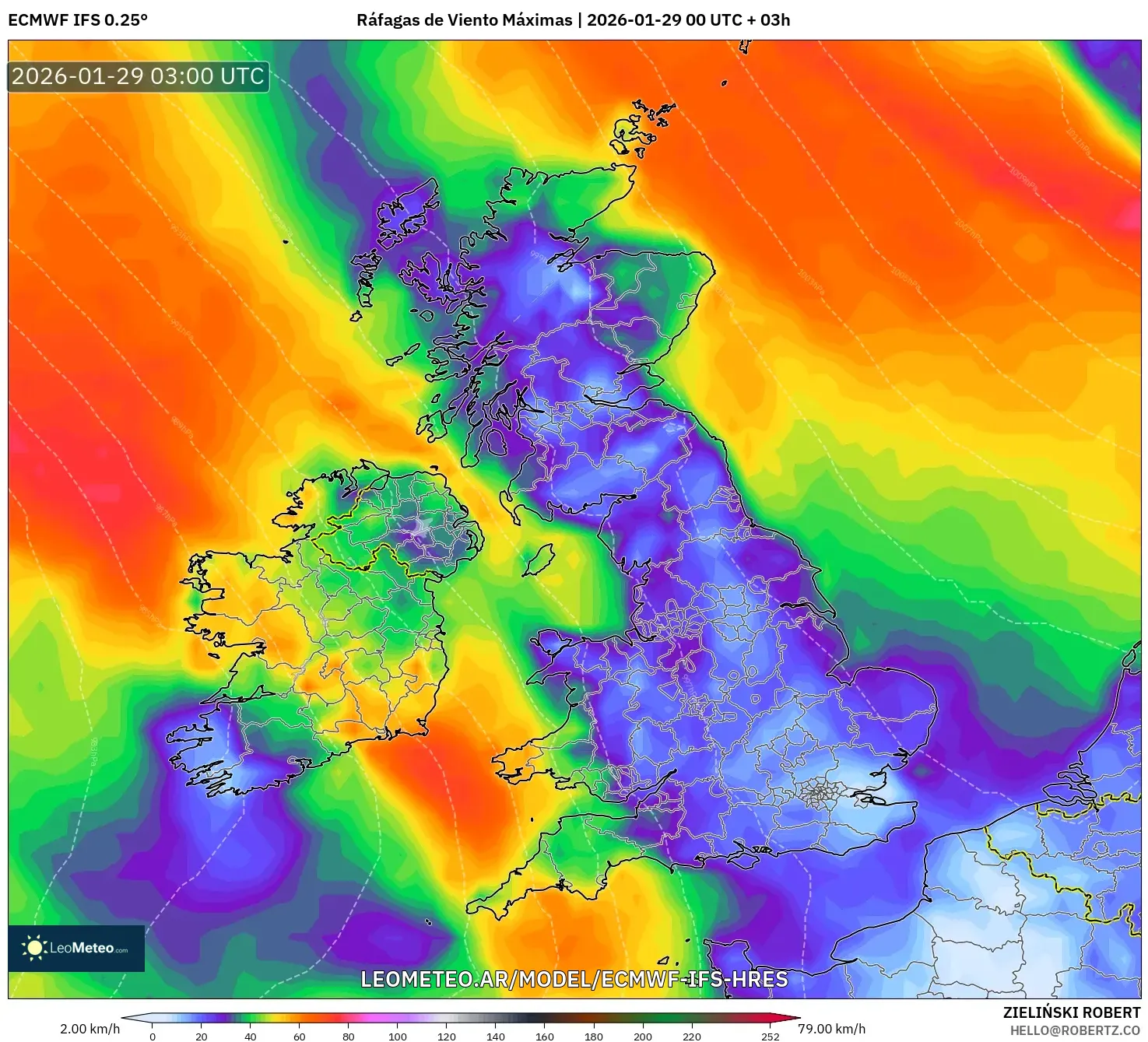 ECMWF IFS 0,25° model - Reino Unido, Rajadas de Vento Máximas