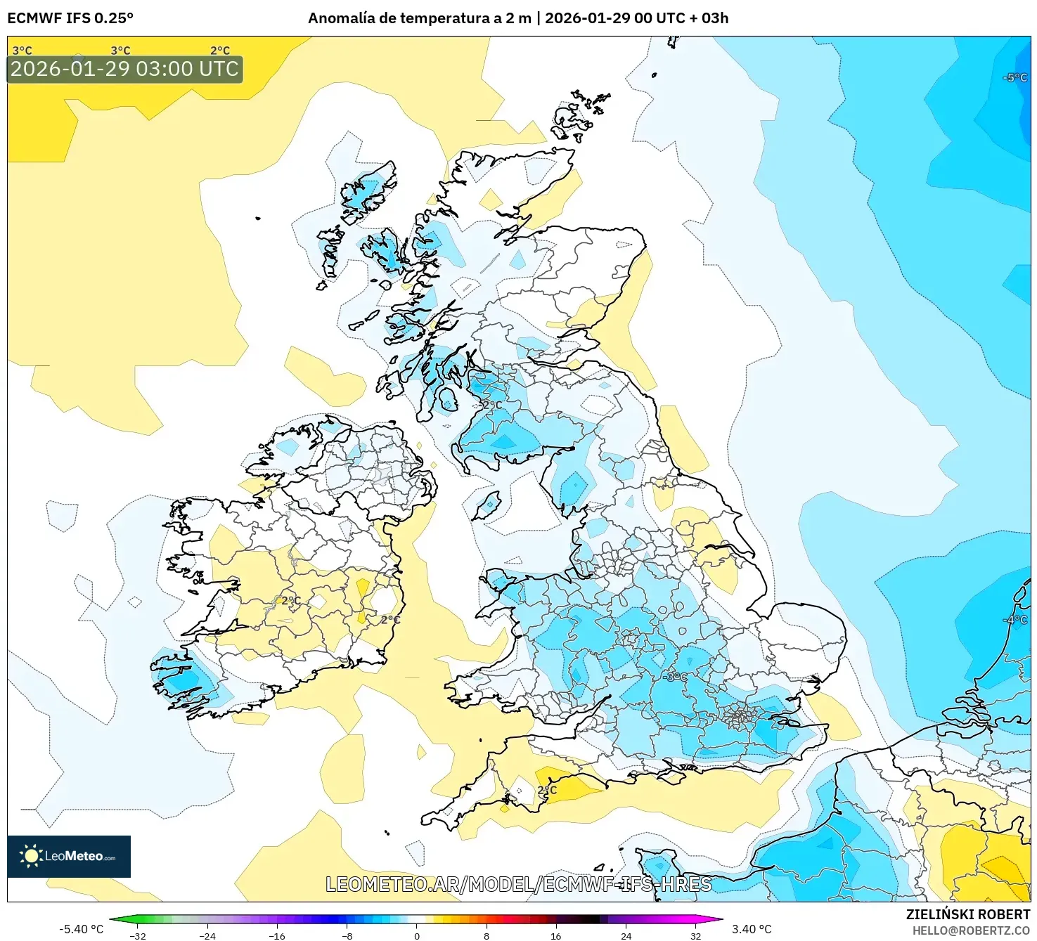 ECMWF IFS 0,25° model - Reino Unido, Anomalia de temperatura a 2 m