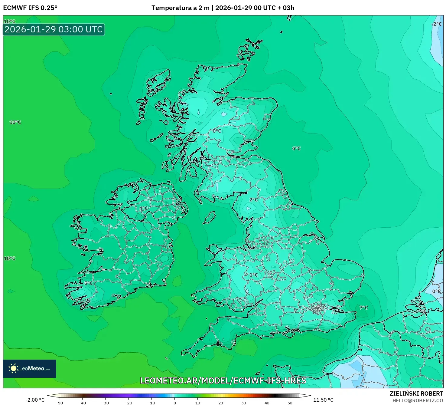 ECMWF IFS 0,25° model - Reino Unido, Temperatura a 2 m