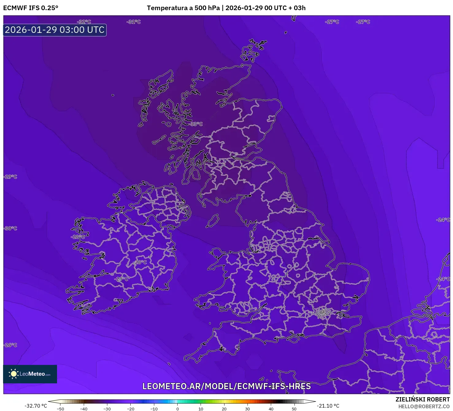 ECMWF IFS 0,25° model - Reino Unido, Temperatura a 500 hPa