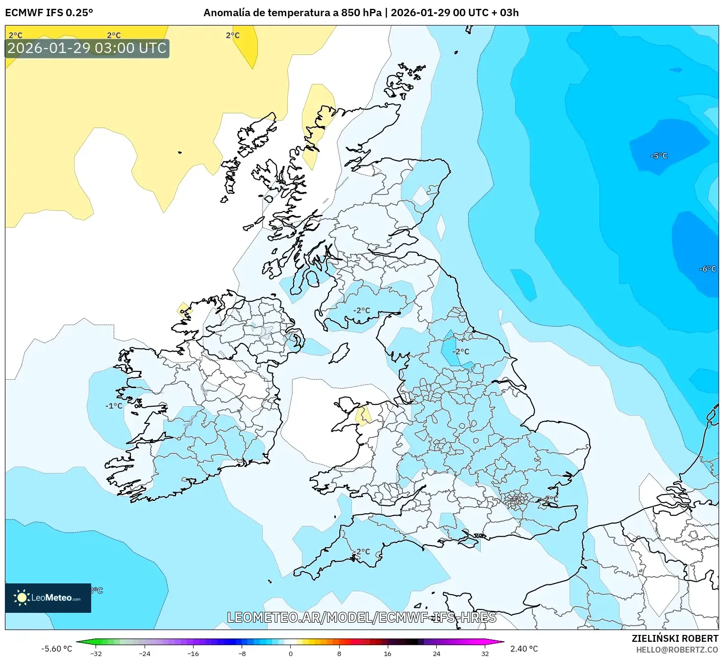 ECMWF IFS 0,25° model - Reino Unido, Anomalia de temperatura a 850 hPa