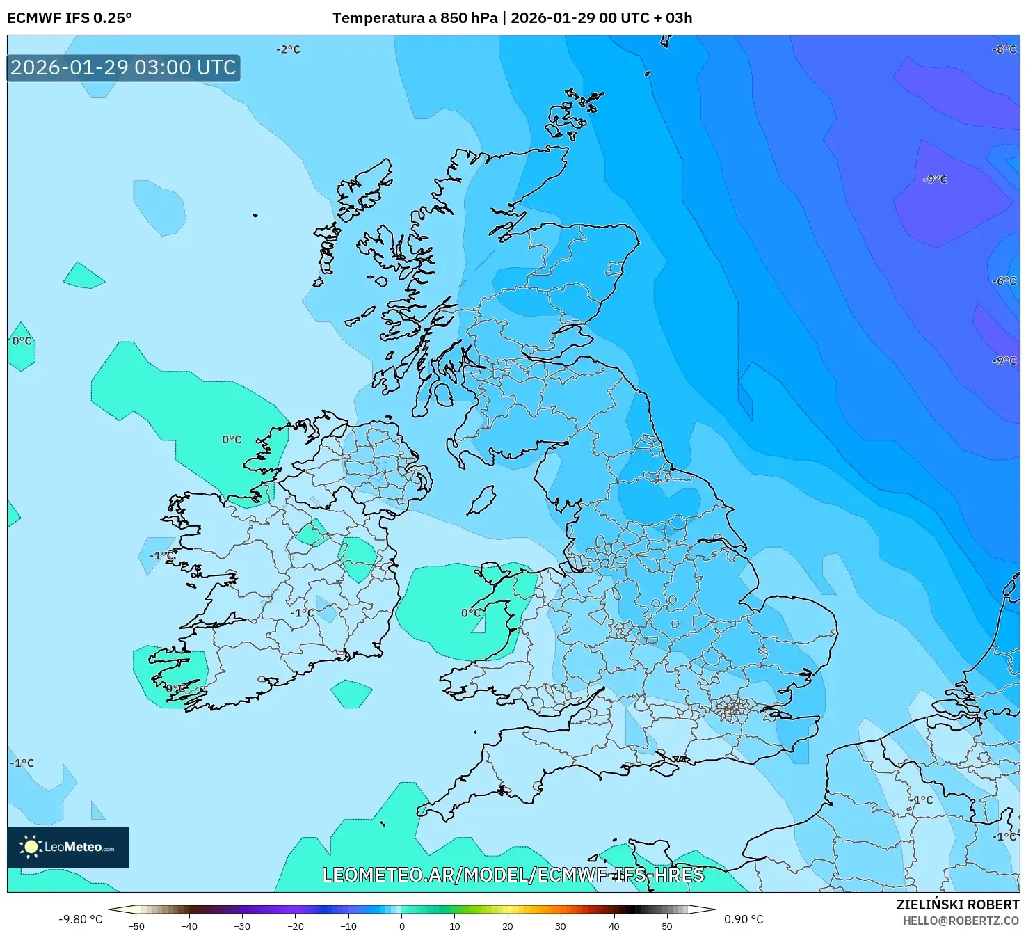ECMWF IFS 0,25° model - Reino Unido, Temperatura a 850 hPa