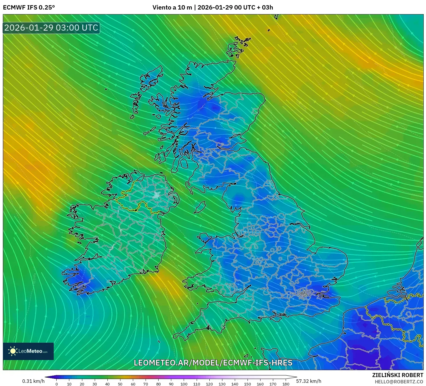 ECMWF IFS 0,25° model - Reino Unido, Vento a 10 m