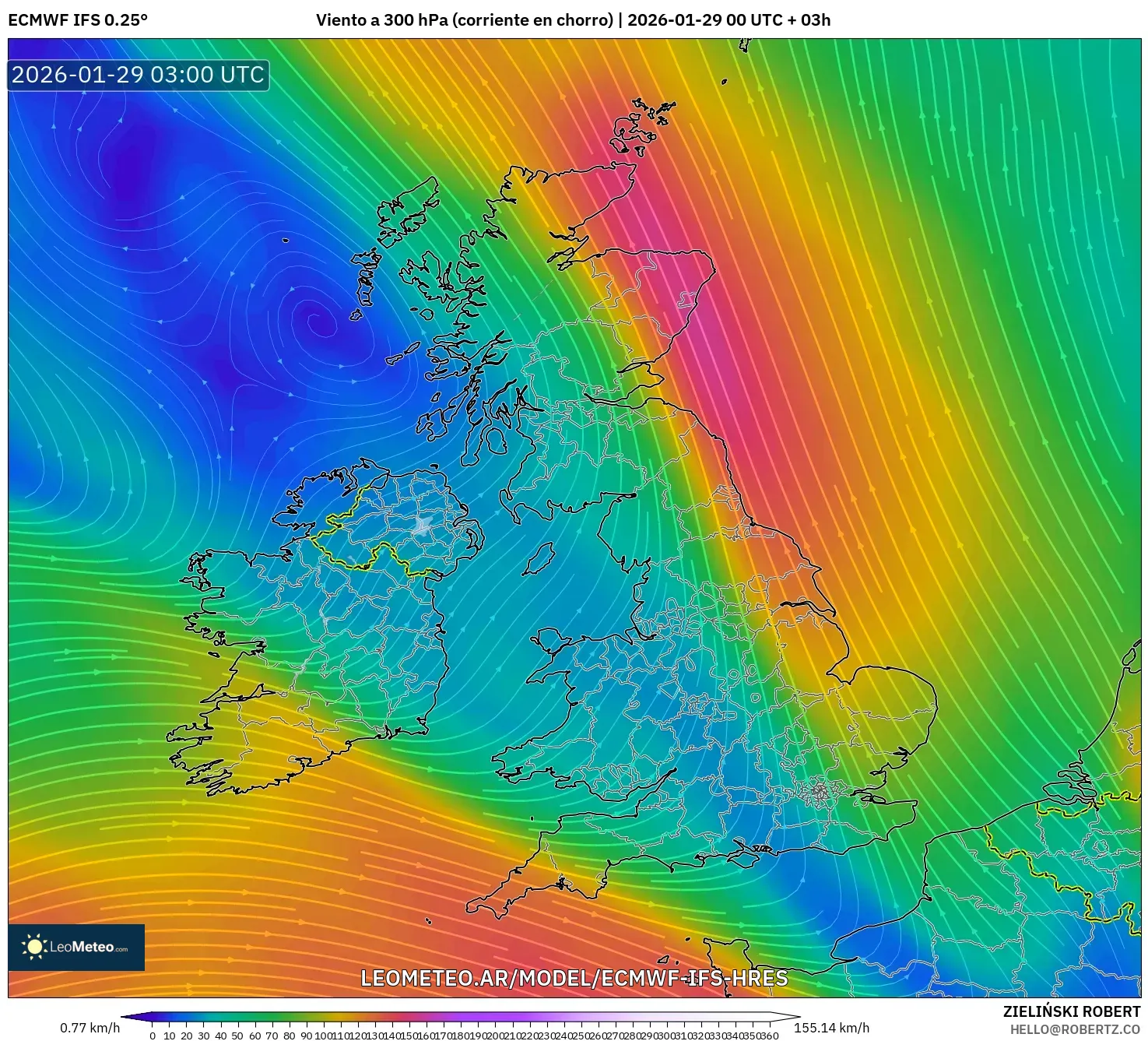ECMWF IFS 0,25° model - Reino Unido, Vento a 300 hPa (corrente em jato)