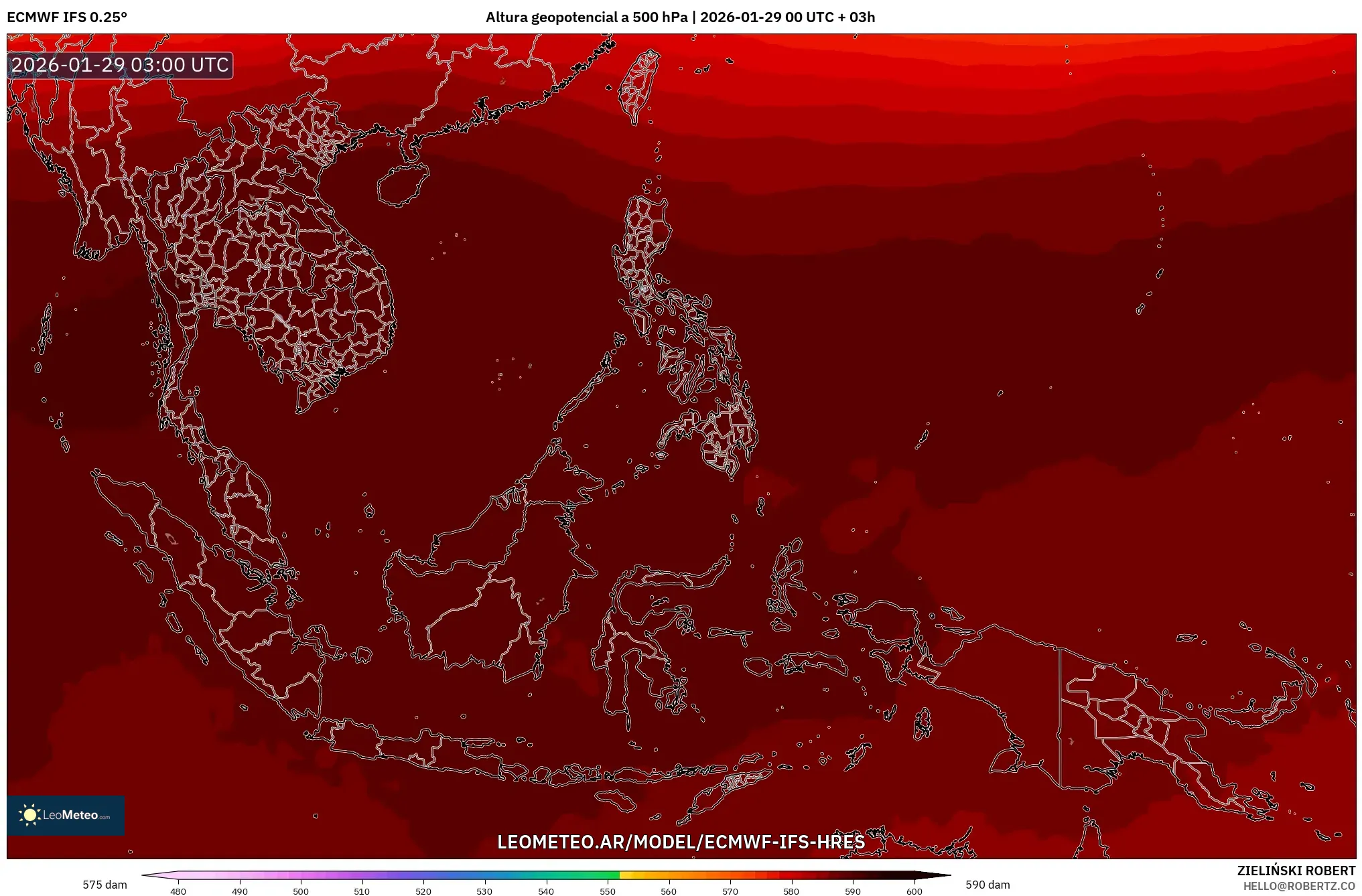 ECMWF IFS 0,25° model - Sudeste Asiático, Altura geopotencial a 500 hPa
