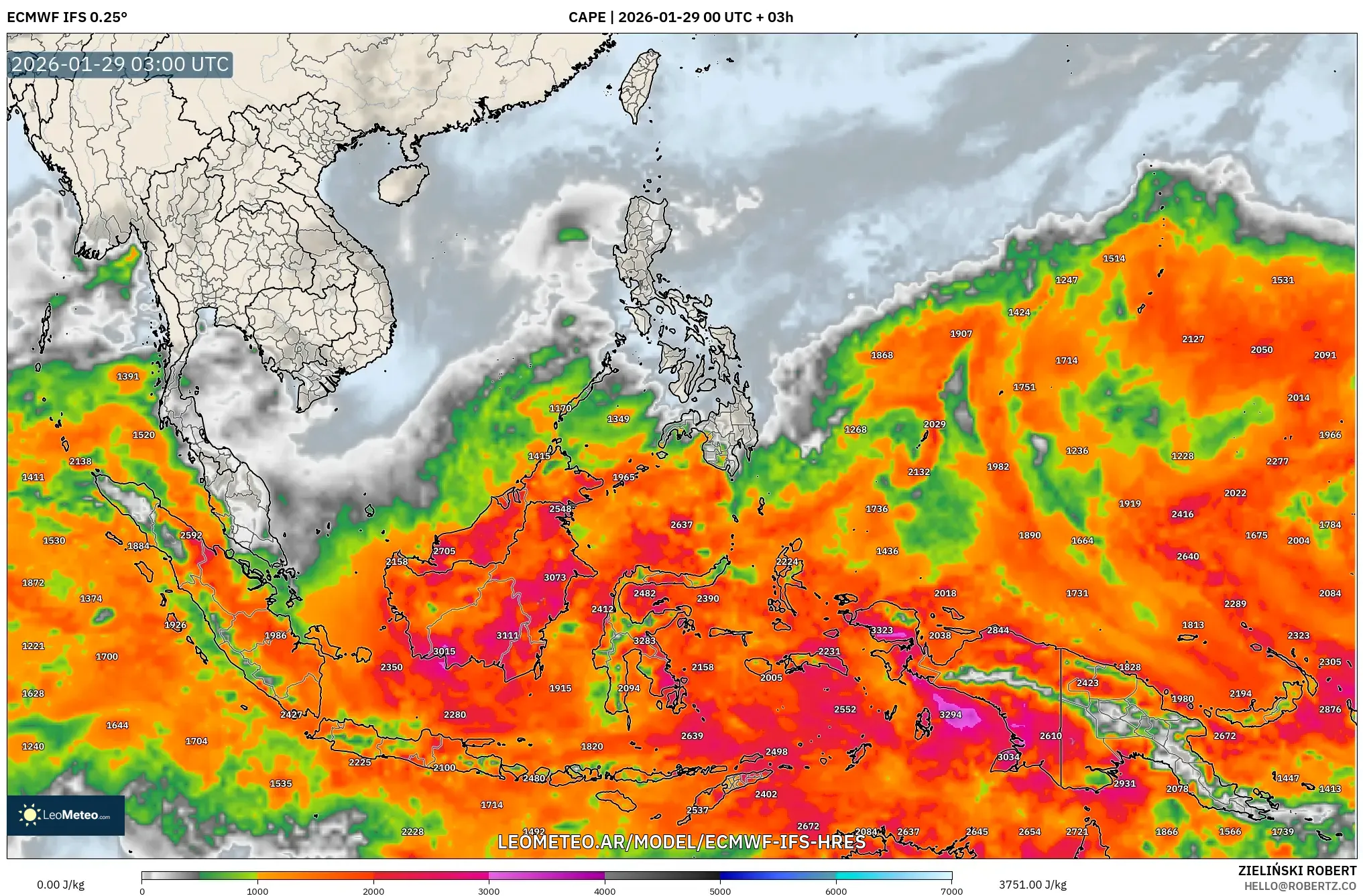 ECMWF IFS 0,25° model - Sudeste Asiático, CAPE
