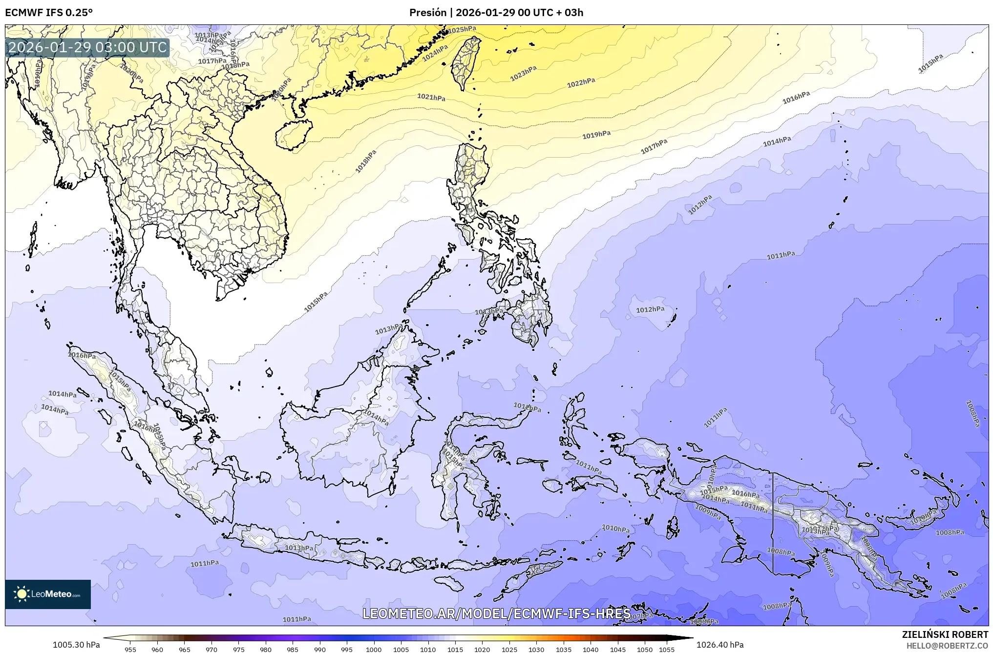 ECMWF IFS 0,25° model - Sudeste Asiático, Pressão