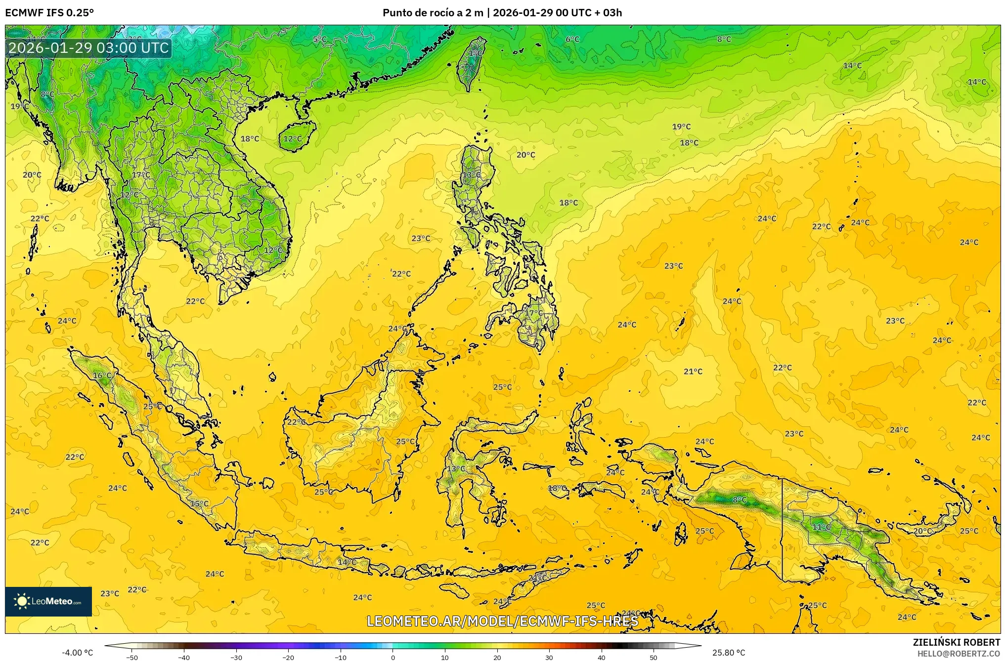ECMWF IFS 0,25° model - Sudeste Asiático, Ponto de orvalho a 2 m