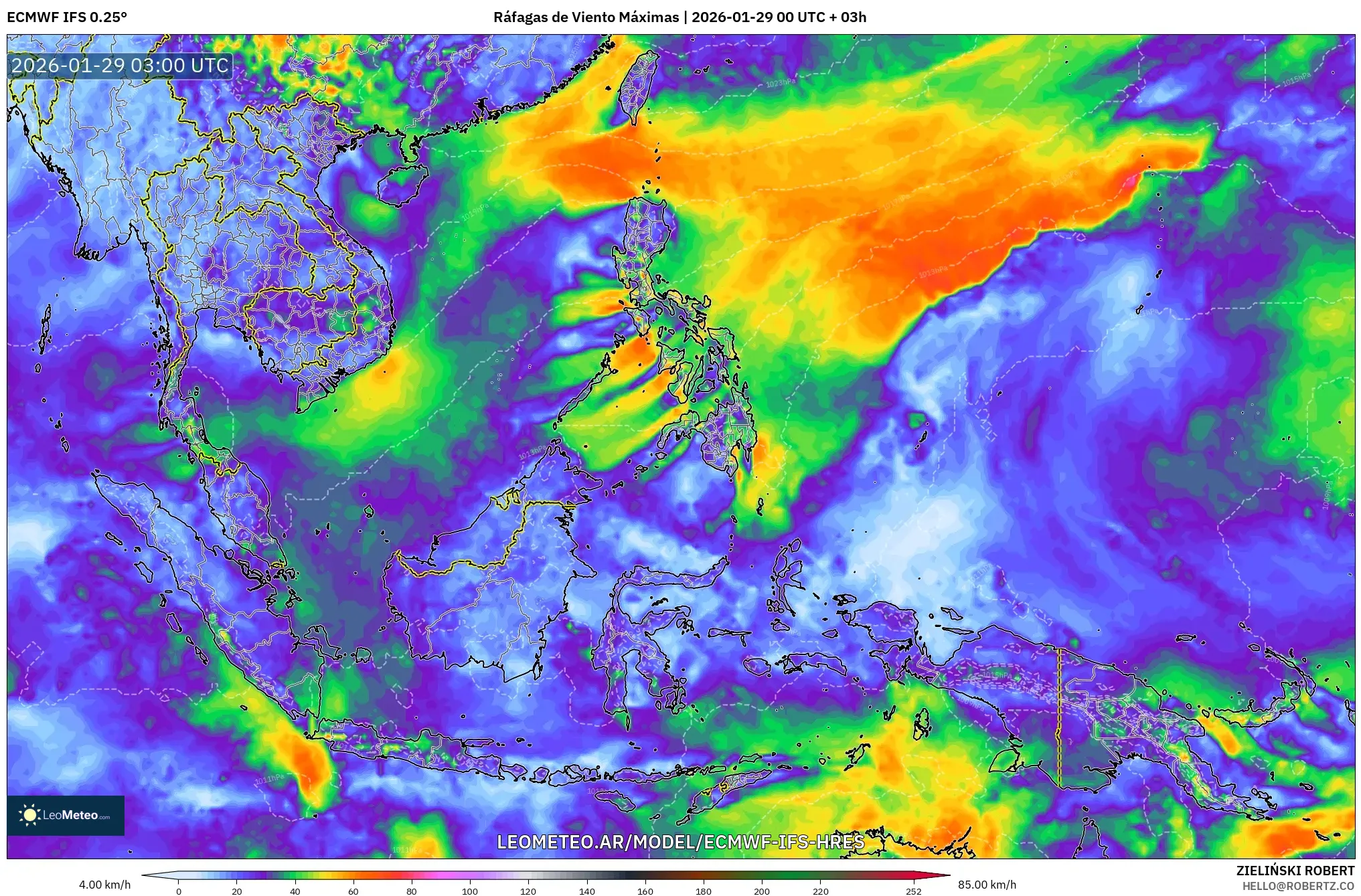 ECMWF IFS 0,25° model - Sudeste Asiático, Rajadas de Vento Máximas