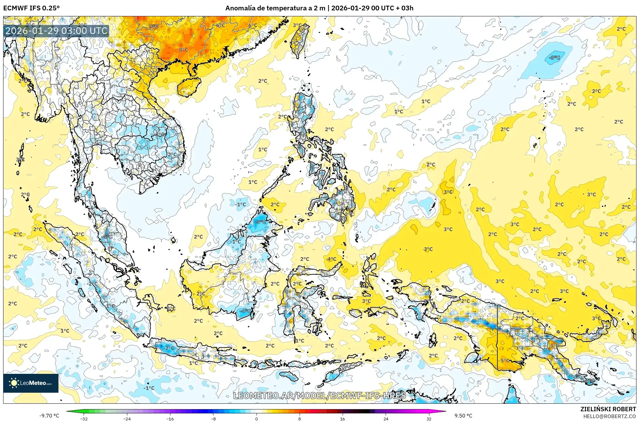 ECMWF IFS 0,25° model - Sudeste Asiático, Anomalia de temperatura a 2 m