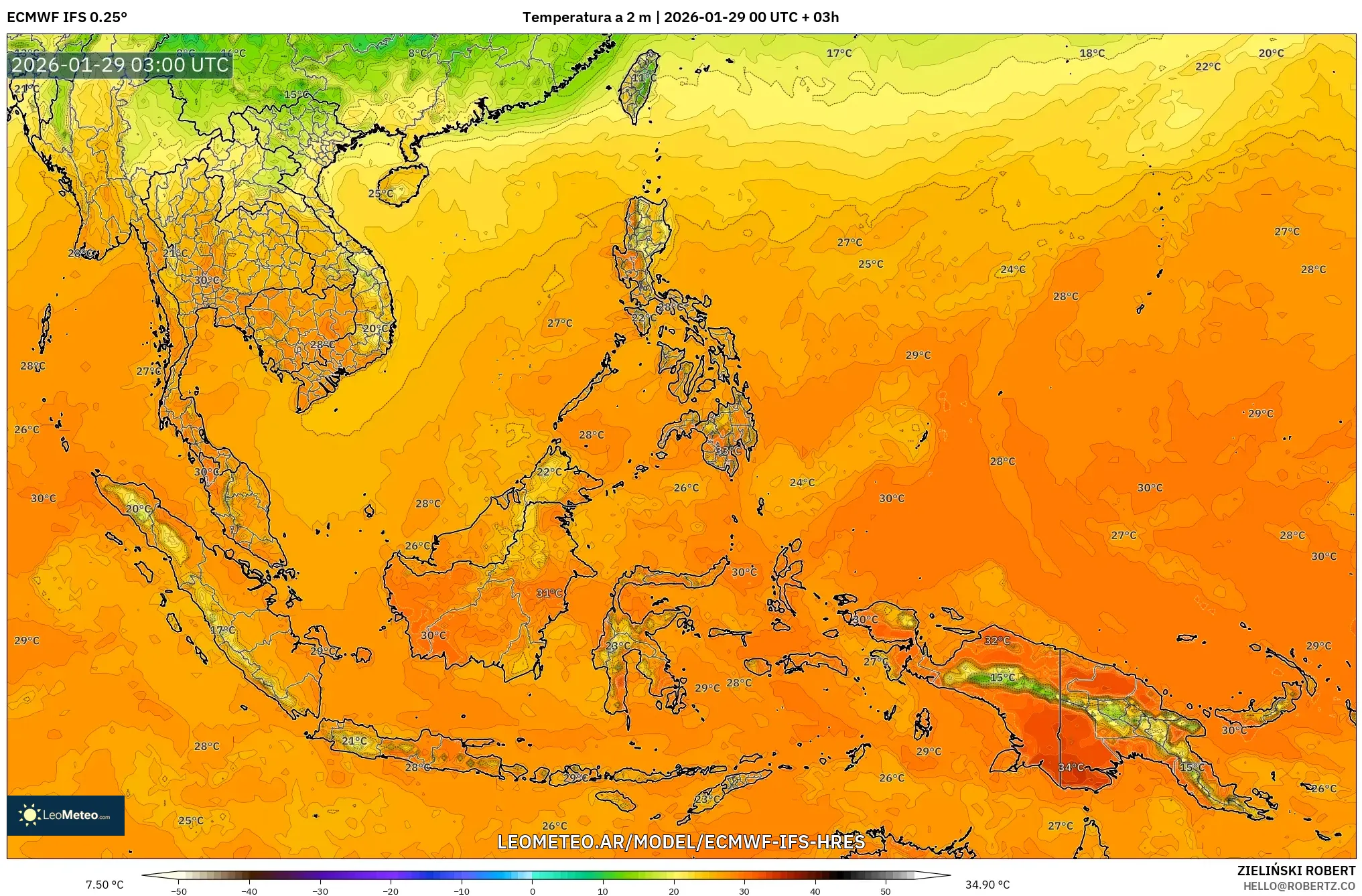 ECMWF IFS 0,25° model - Sudeste Asiático, Temperatura a 2 m
