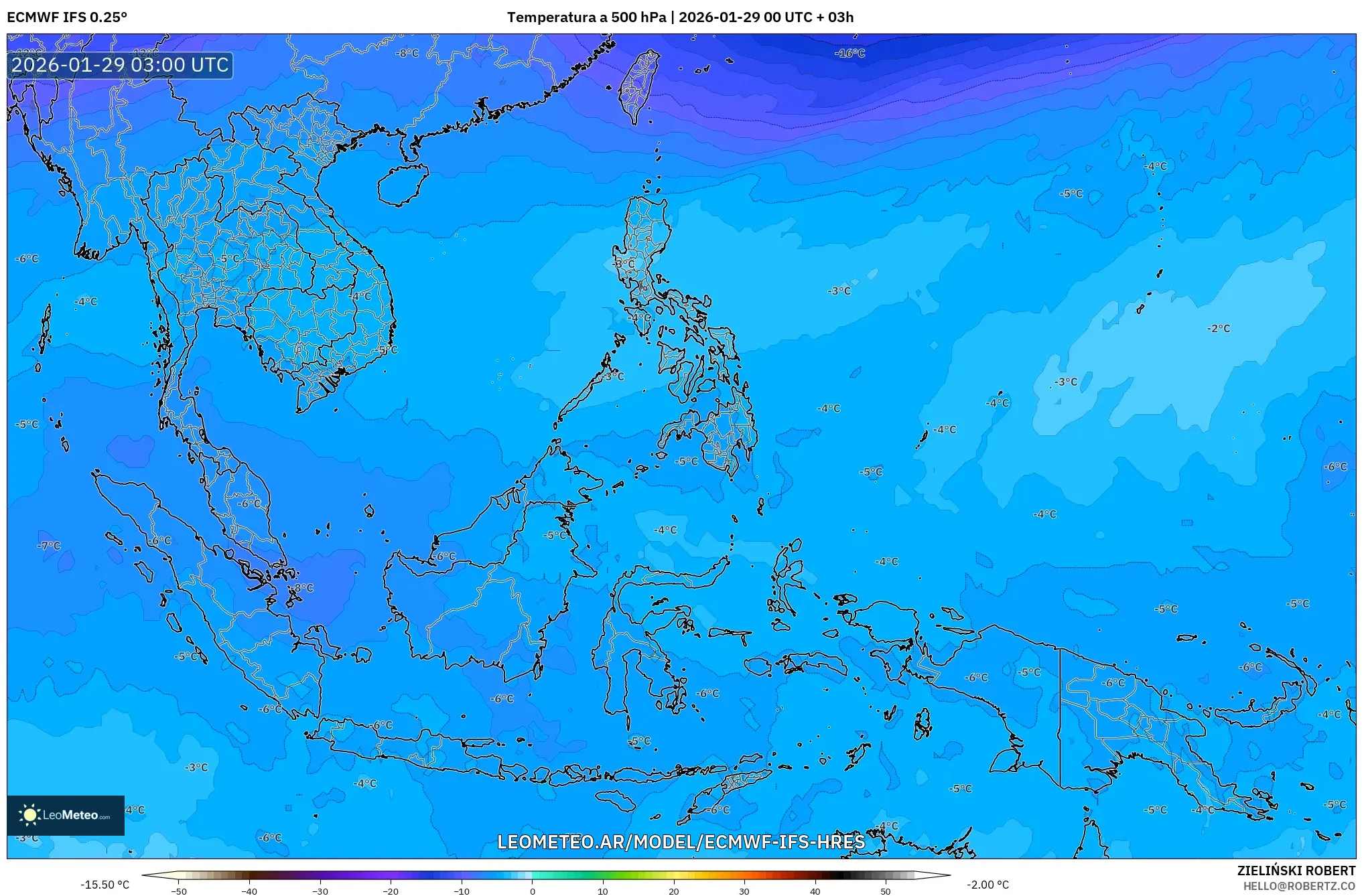 ECMWF IFS 0,25° model - Sudeste Asiático, Temperatura a 500 hPa