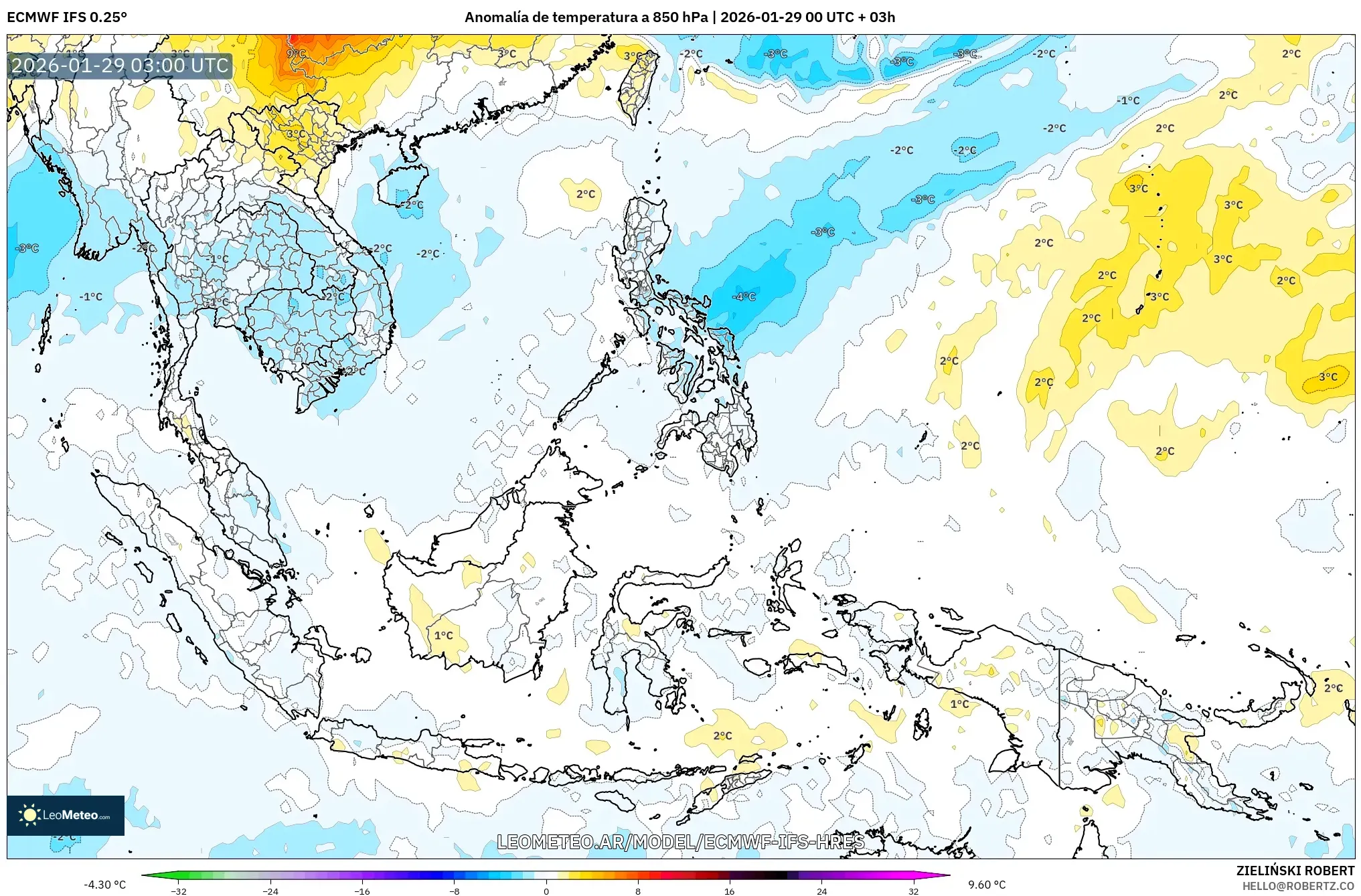 ECMWF IFS 0,25° model - Sudeste Asiático, Anomalia de temperatura a 850 hPa