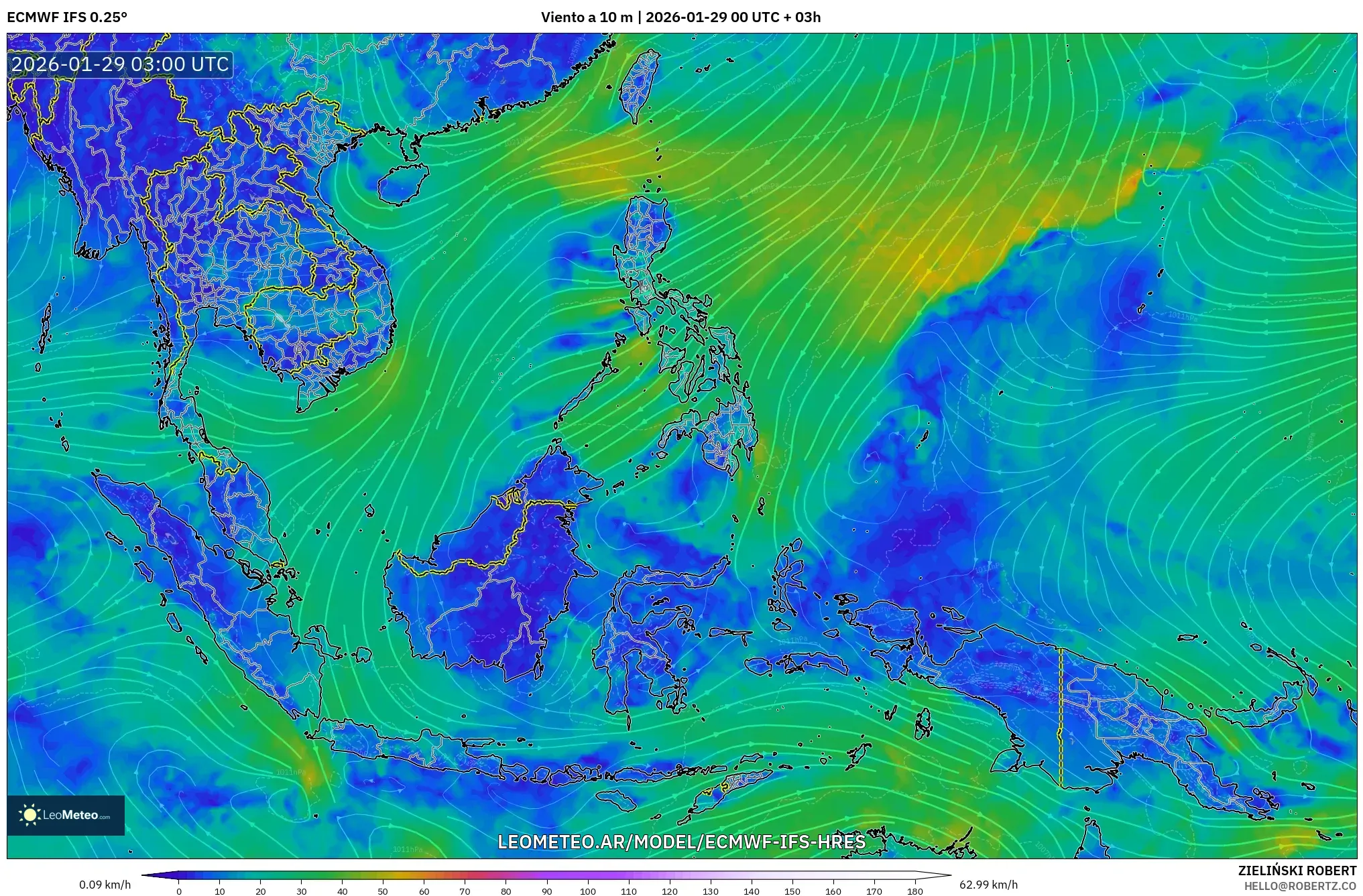 ECMWF IFS 0,25° model - Sudeste Asiático, Vento a 10 m