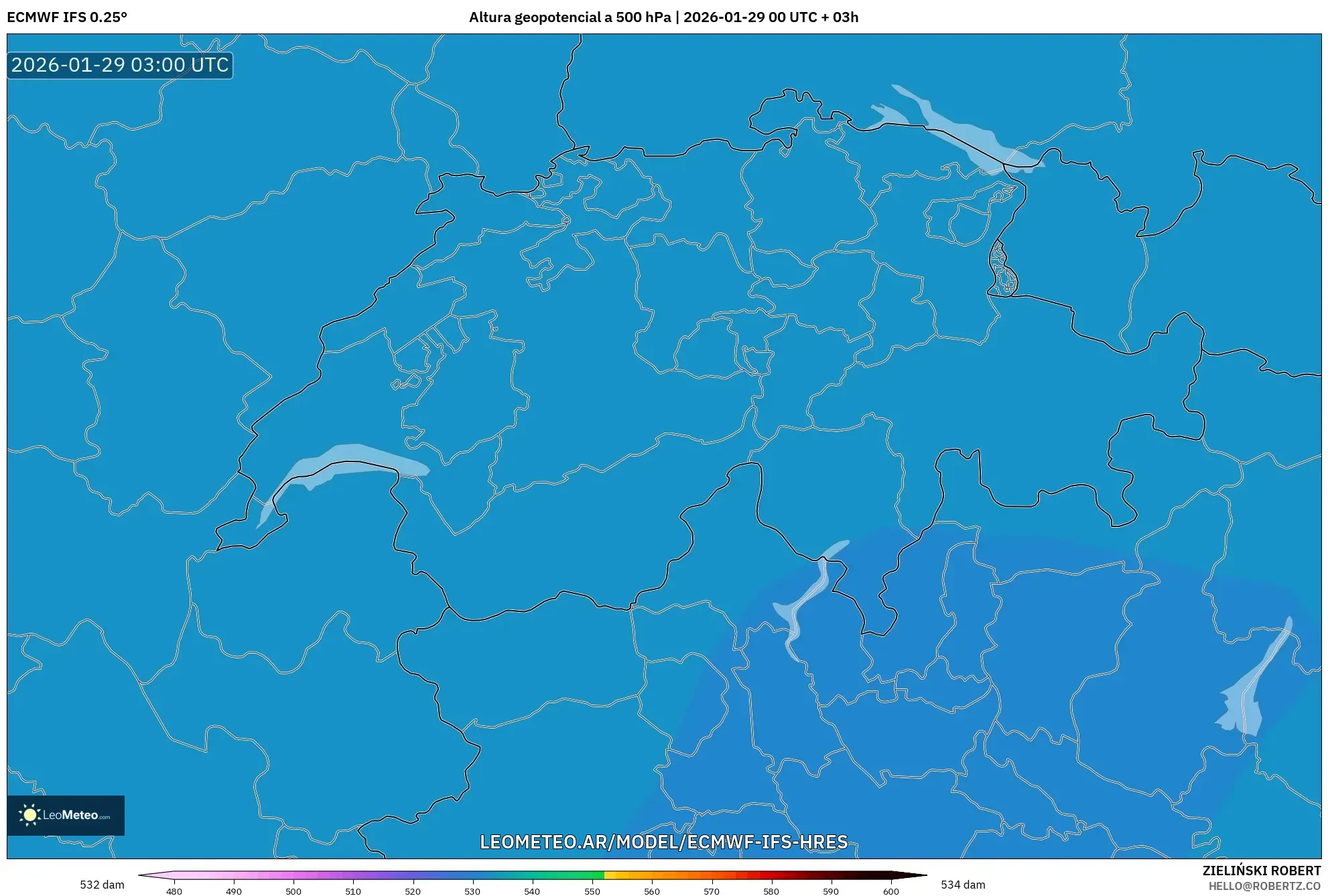 ECMWF IFS 0,25° model - Suíça, Altura geopotencial a 500 hPa