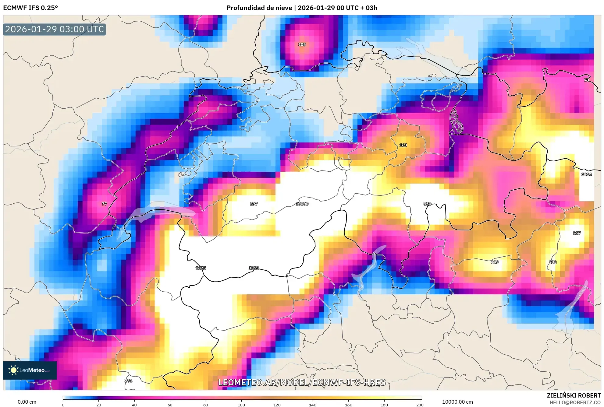 ECMWF IFS 0,25° model - Suíça, Profundidade da neve