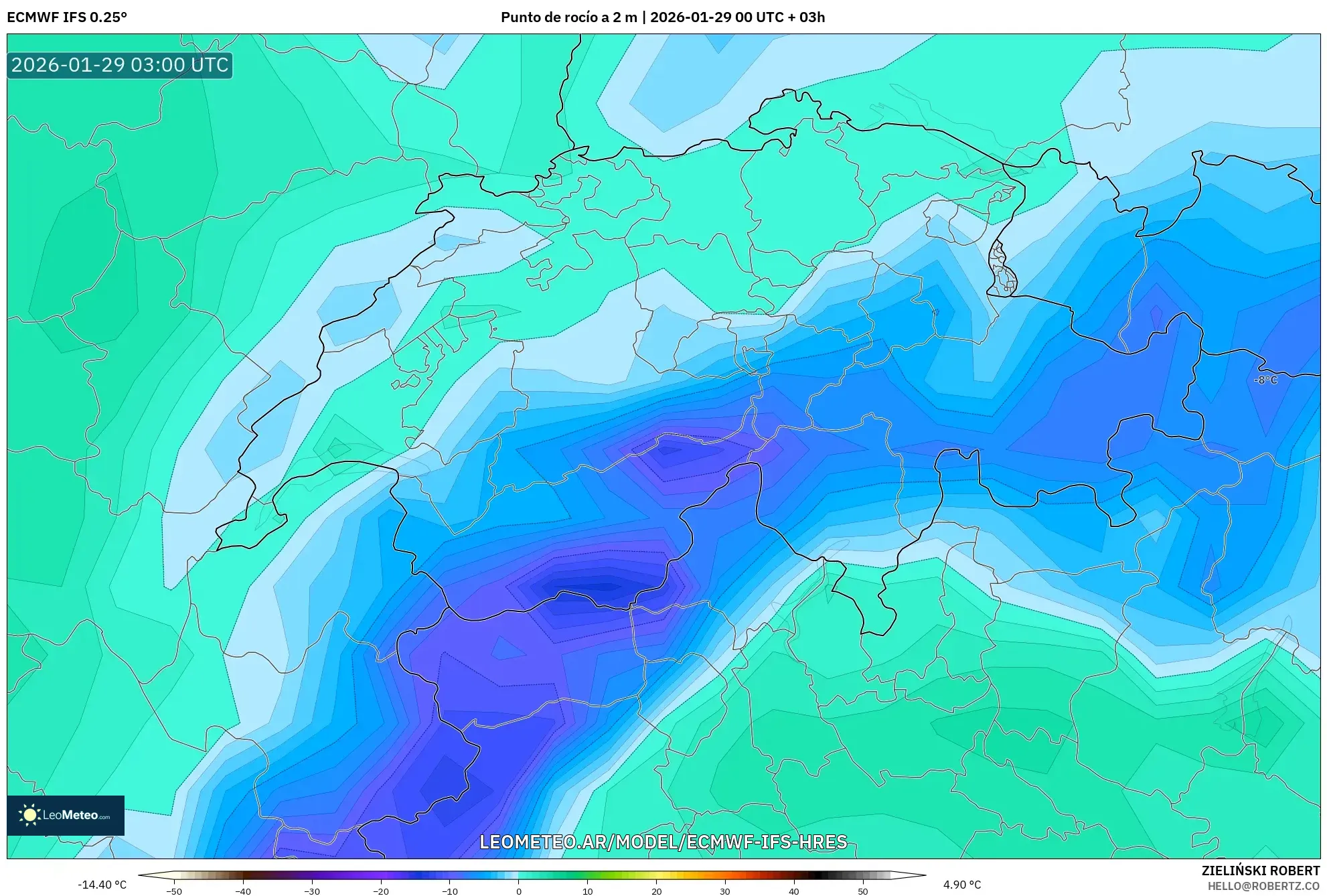 ECMWF IFS 0,25° model - Suíça, Ponto de orvalho a 2 m