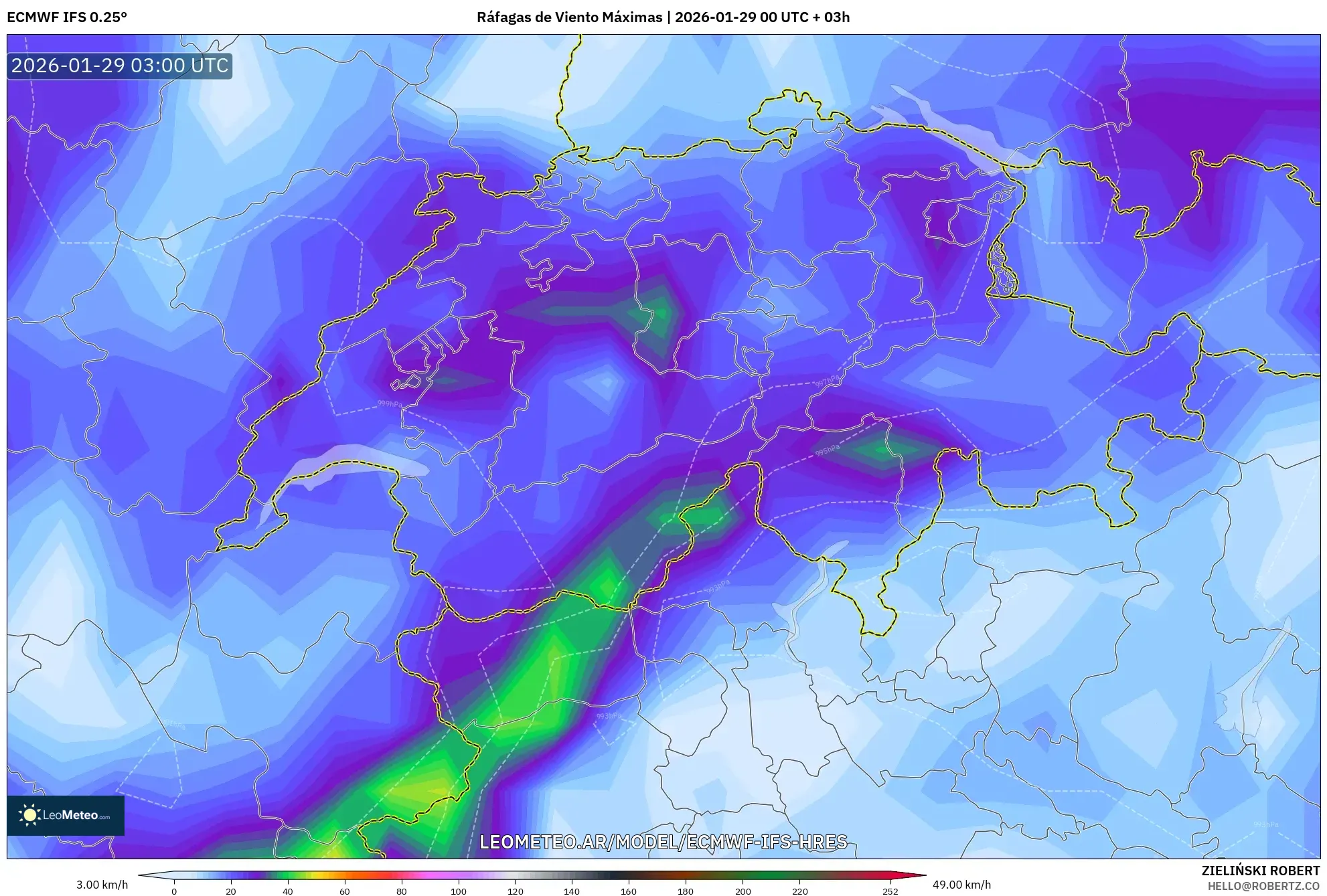 ECMWF IFS 0,25° model - Suíça, Rajadas de Vento Máximas