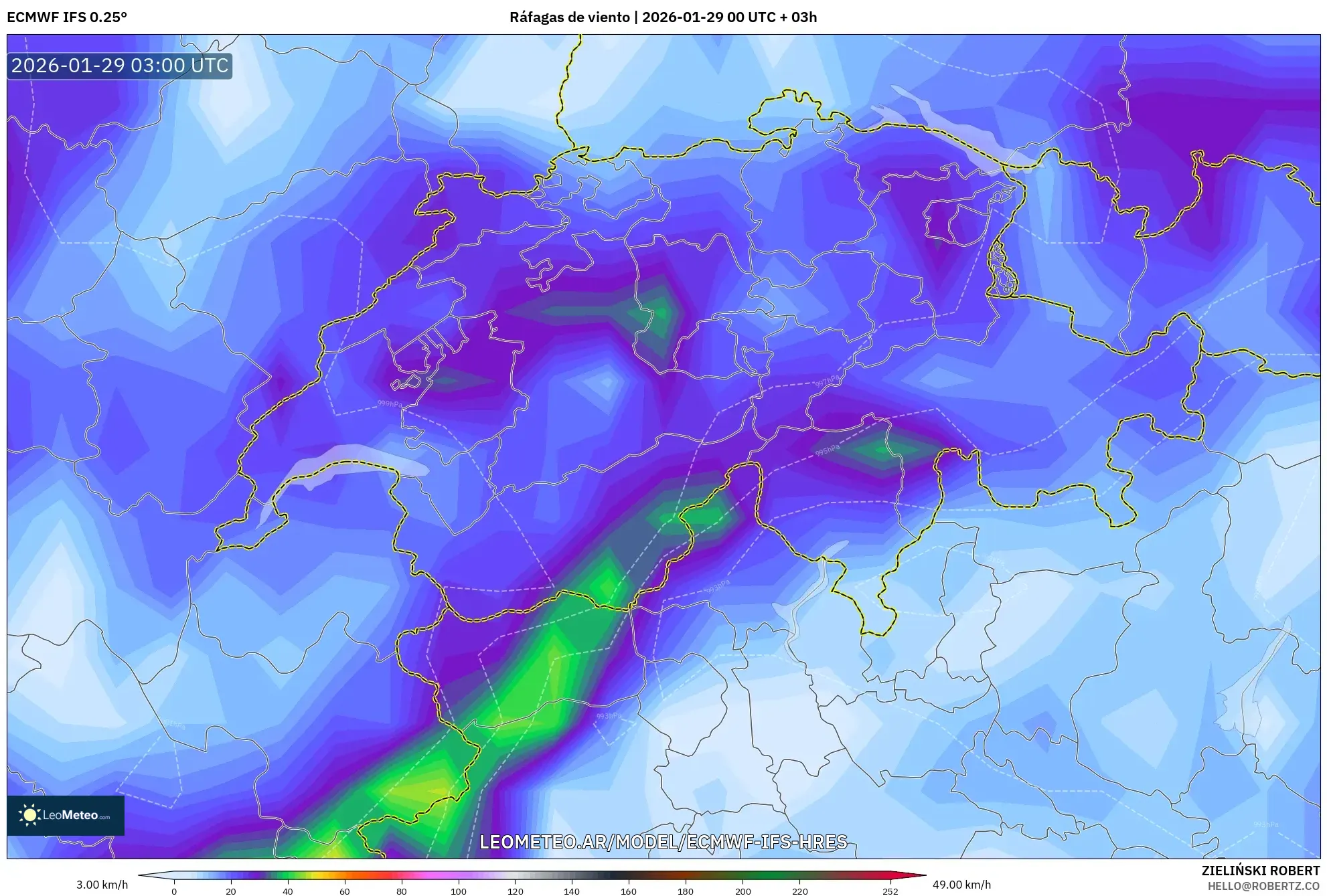 ECMWF IFS 0,25° model - Suíça, Rajadas de vento