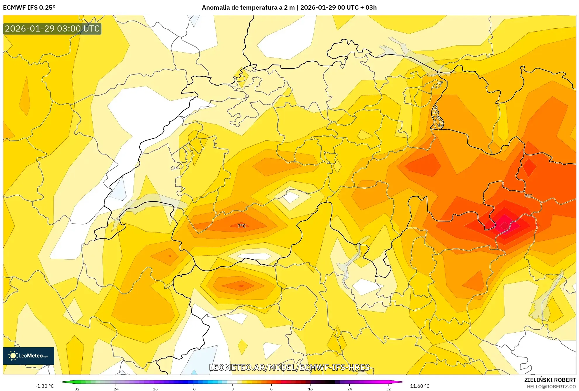 ECMWF IFS 0,25° model - Suíça, Anomalia de temperatura a 2 m