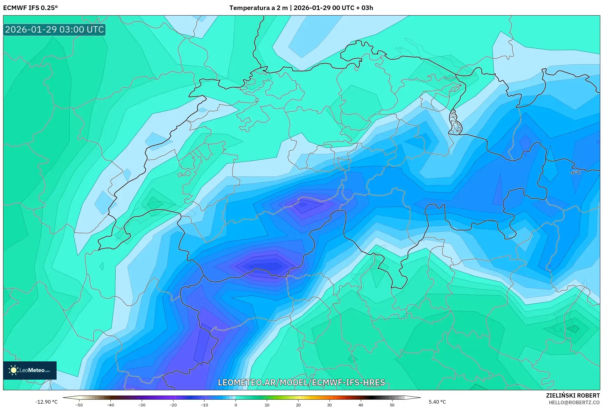 ECMWF IFS 0,25° model - Suíça, Temperatura a 2 m