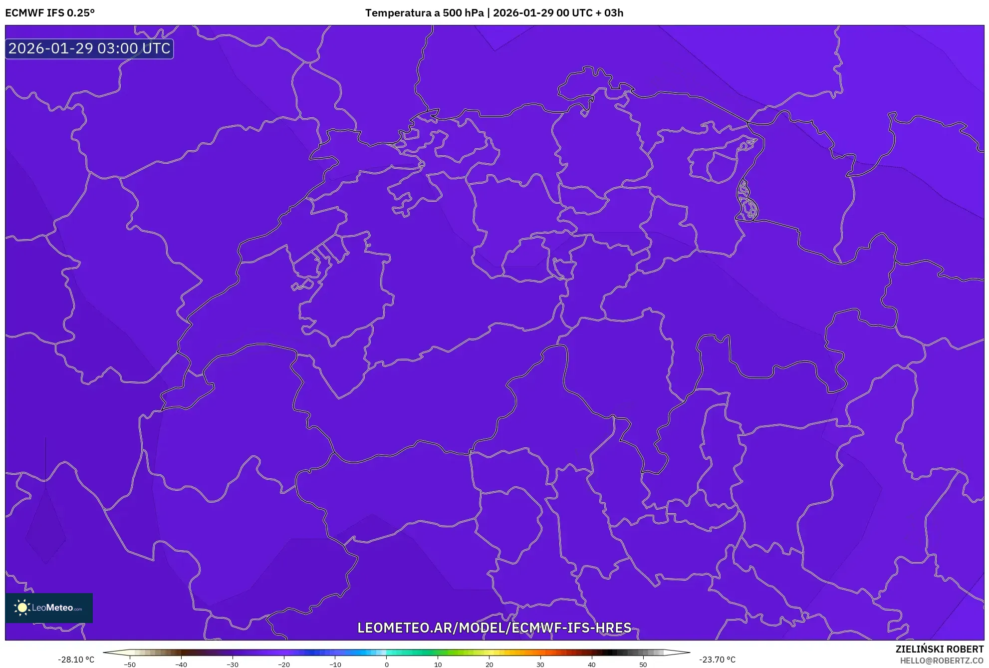 ECMWF IFS 0,25° model - Suíça, Temperatura a 500 hPa