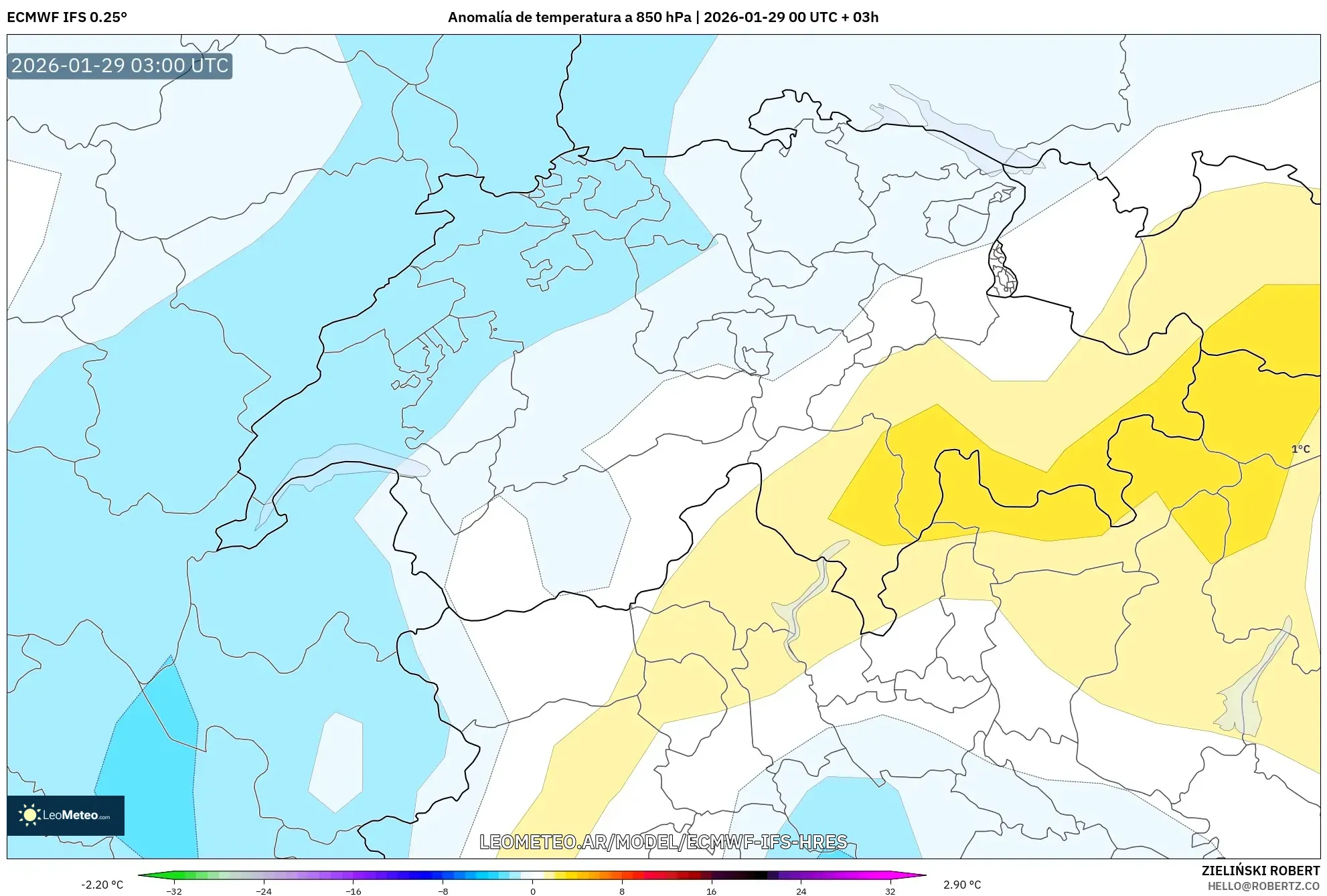ECMWF IFS 0,25° model - Suíça, Anomalia de temperatura a 850 hPa