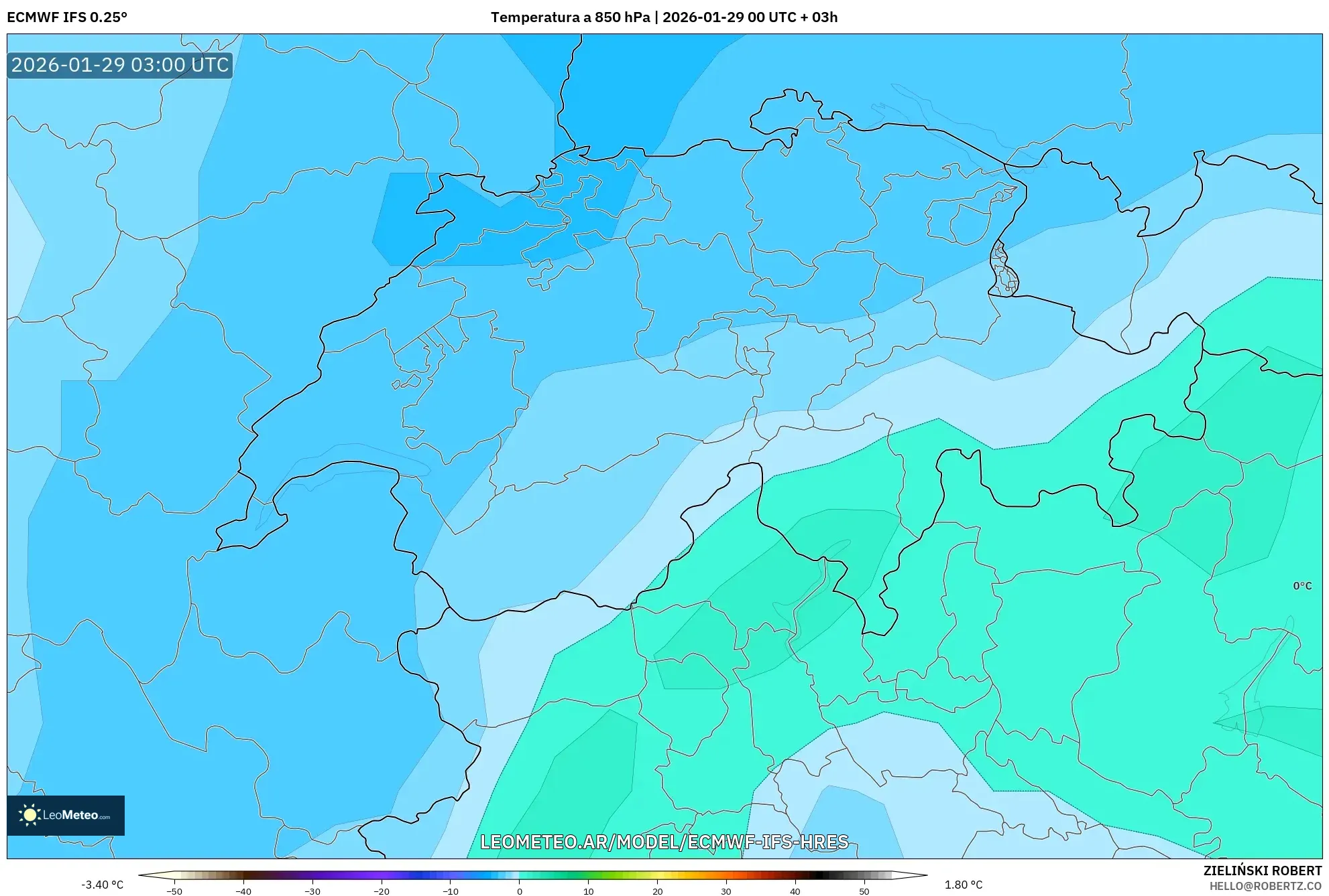 ECMWF IFS 0,25° model - Suíça, Temperatura a 850 hPa