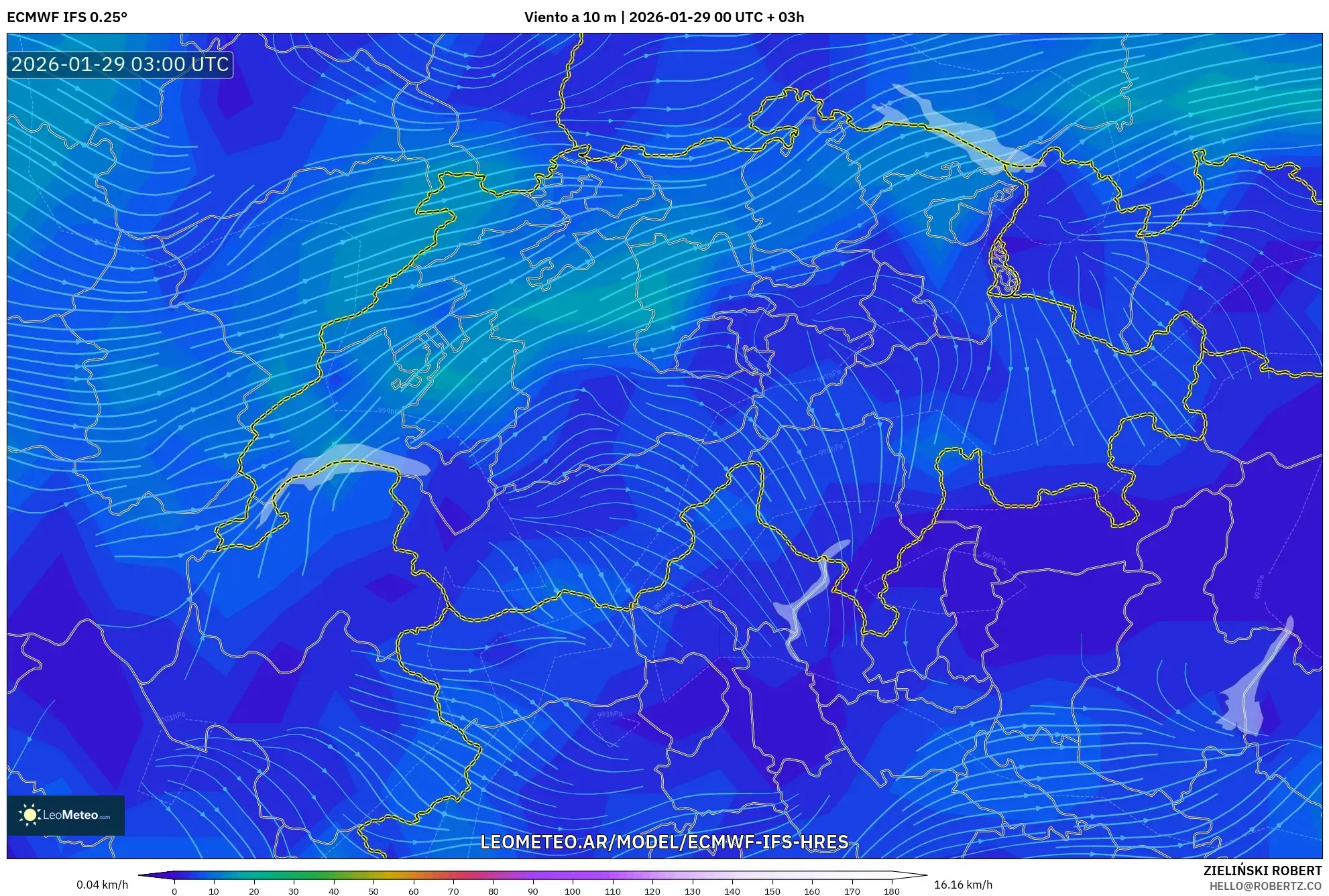 ECMWF IFS 0,25° model - Suíça, Vento a 10 m