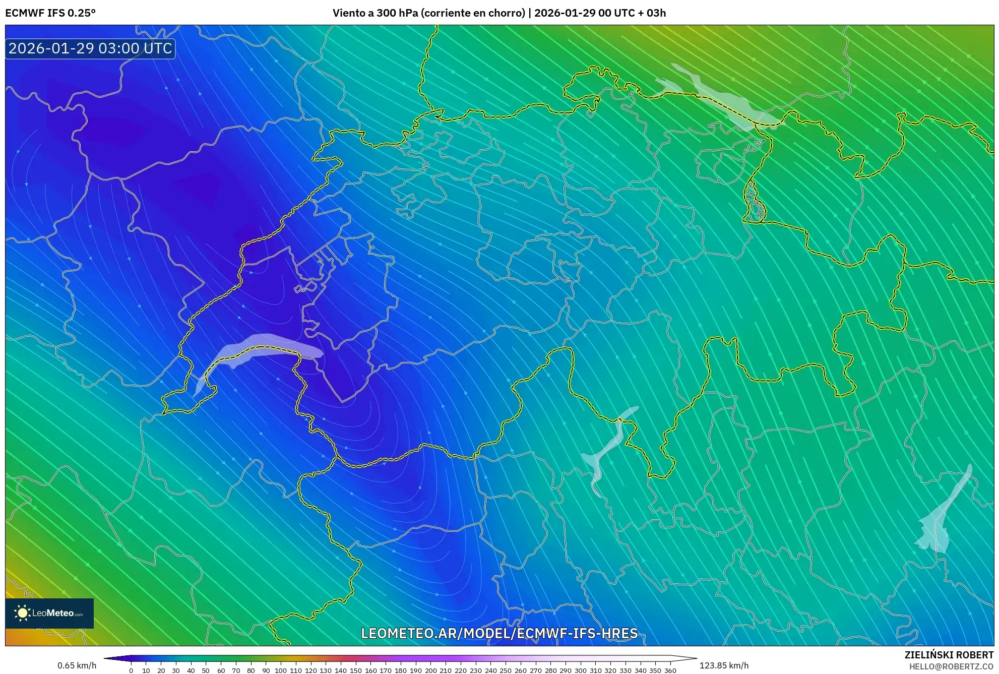 ECMWF IFS 0,25° model - Suíça, Vento a 300 hPa (corrente em jato)