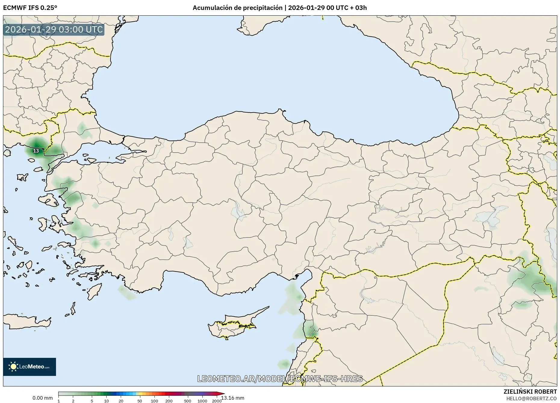 ECMWF IFS 0,25° model - Turquia, Acúmulo de precipitação