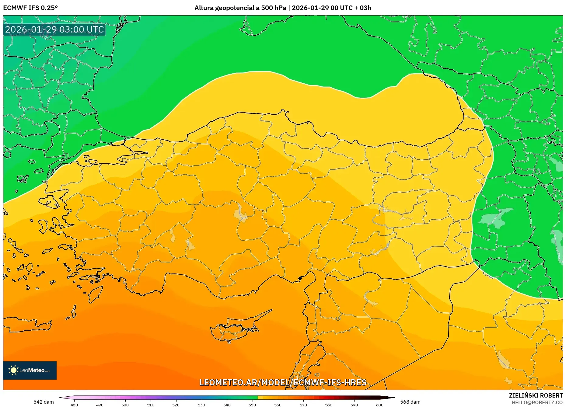 ECMWF IFS 0,25° model - Turquia, Altura geopotencial a 500 hPa