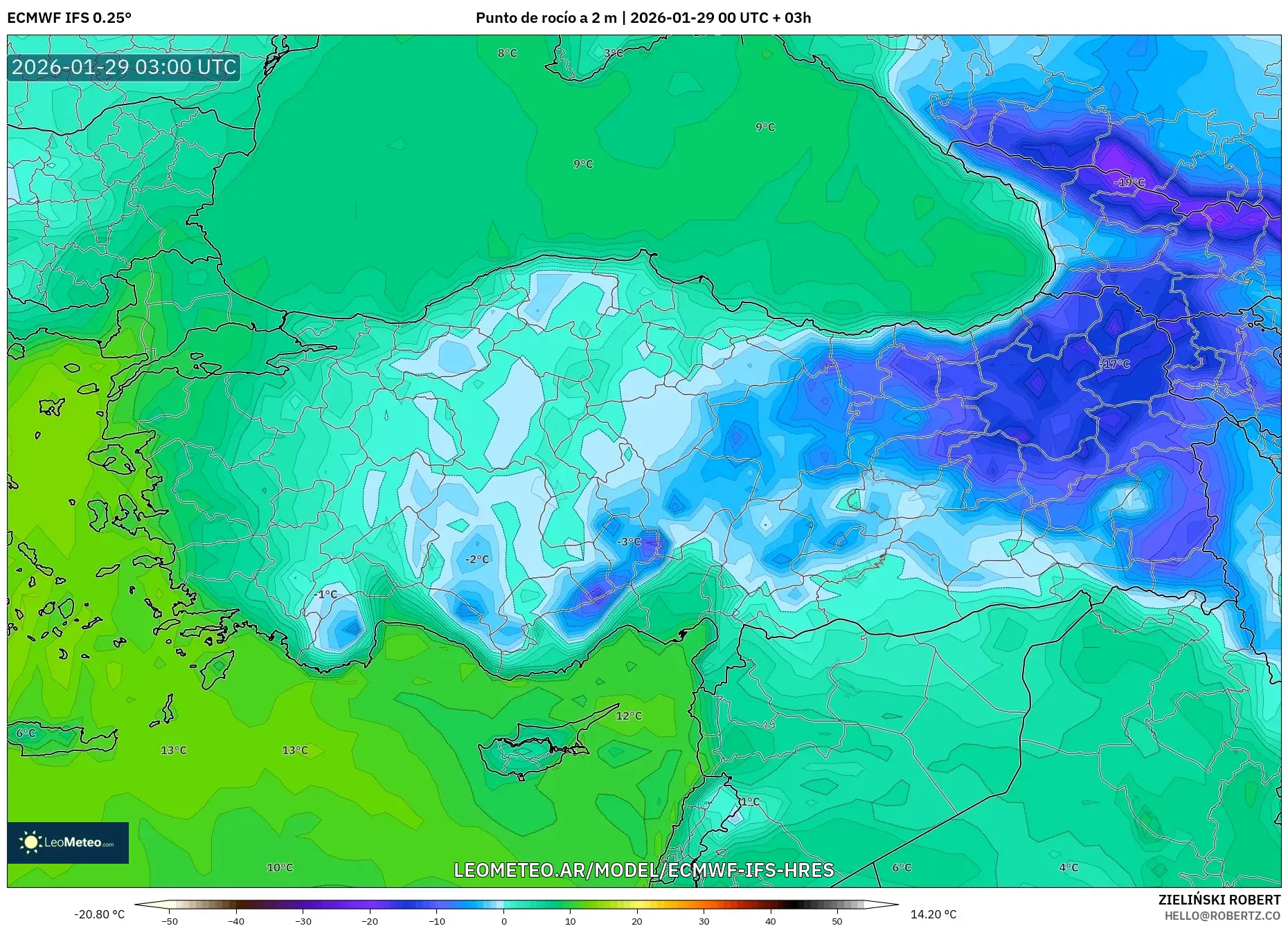 ECMWF IFS 0,25° model - Turquia, Ponto de orvalho a 2 m